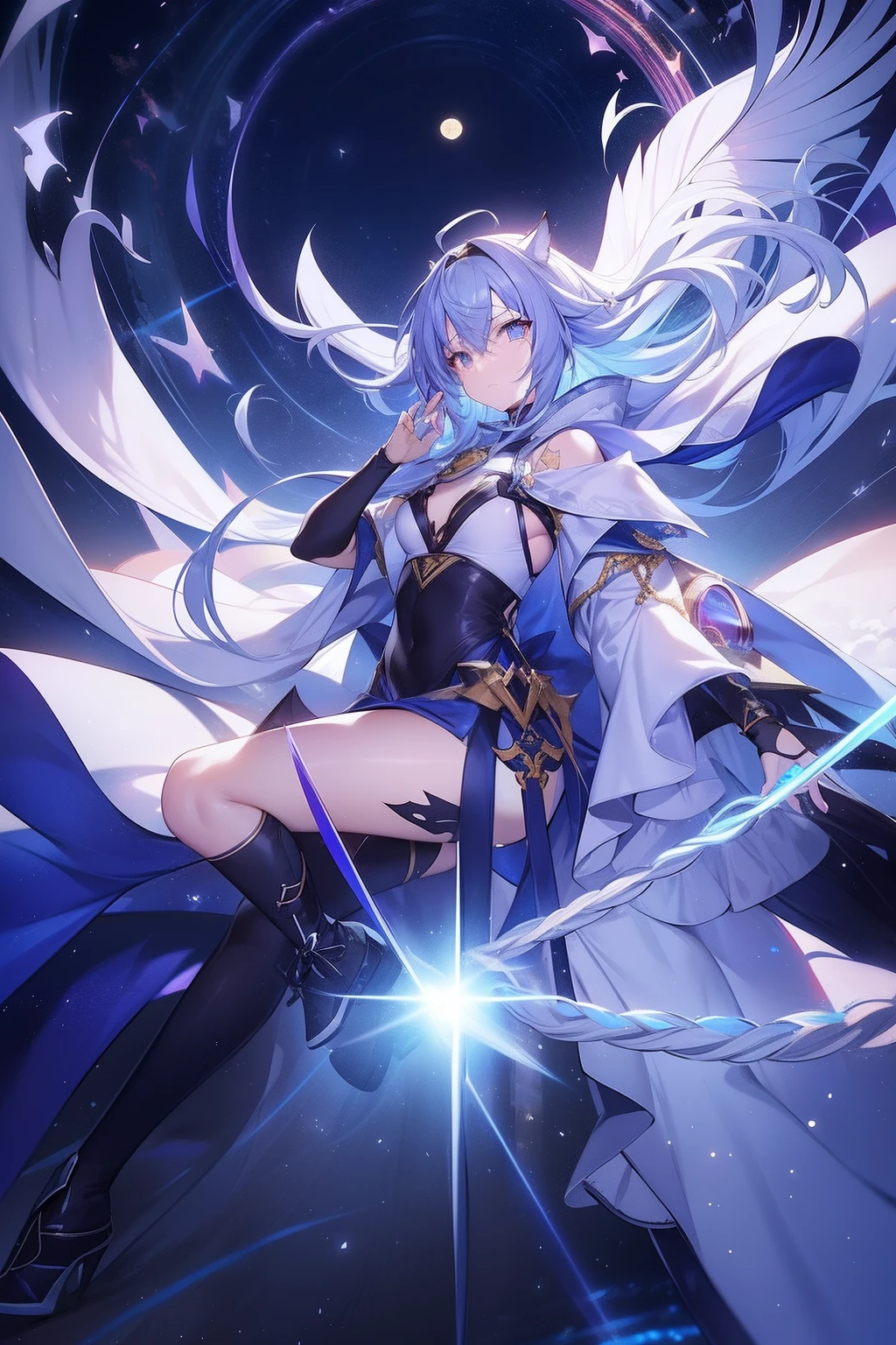 Cat ears on the head,hair is red and long,Goggles shine on her head,Her skin is pale, A blade of light enveloped me like a snake in interstellar wind,Unleash the Blade of Light, Highest Quality, Carry a blue cloak with war maiden decorations,Raise the rainbow sword of the brave, ((sad))((Big tears)), 8 Blue Light Sword,Blade of Light,Lens Flare, Big rainbow,The moon shines,Star chips, bloom, ((light glow)), chromatic abberation], Digital Painting, Insane details, Intricate details, Beautifully color graded, Unreal Engine, Cinematic , colour grading, Editorial Photography , Photography, Photo Shot, Shot on 70mm lens, depth of fields, degrees of freedom, Tilt Blur, Shutter Speed 1/1000, h/22