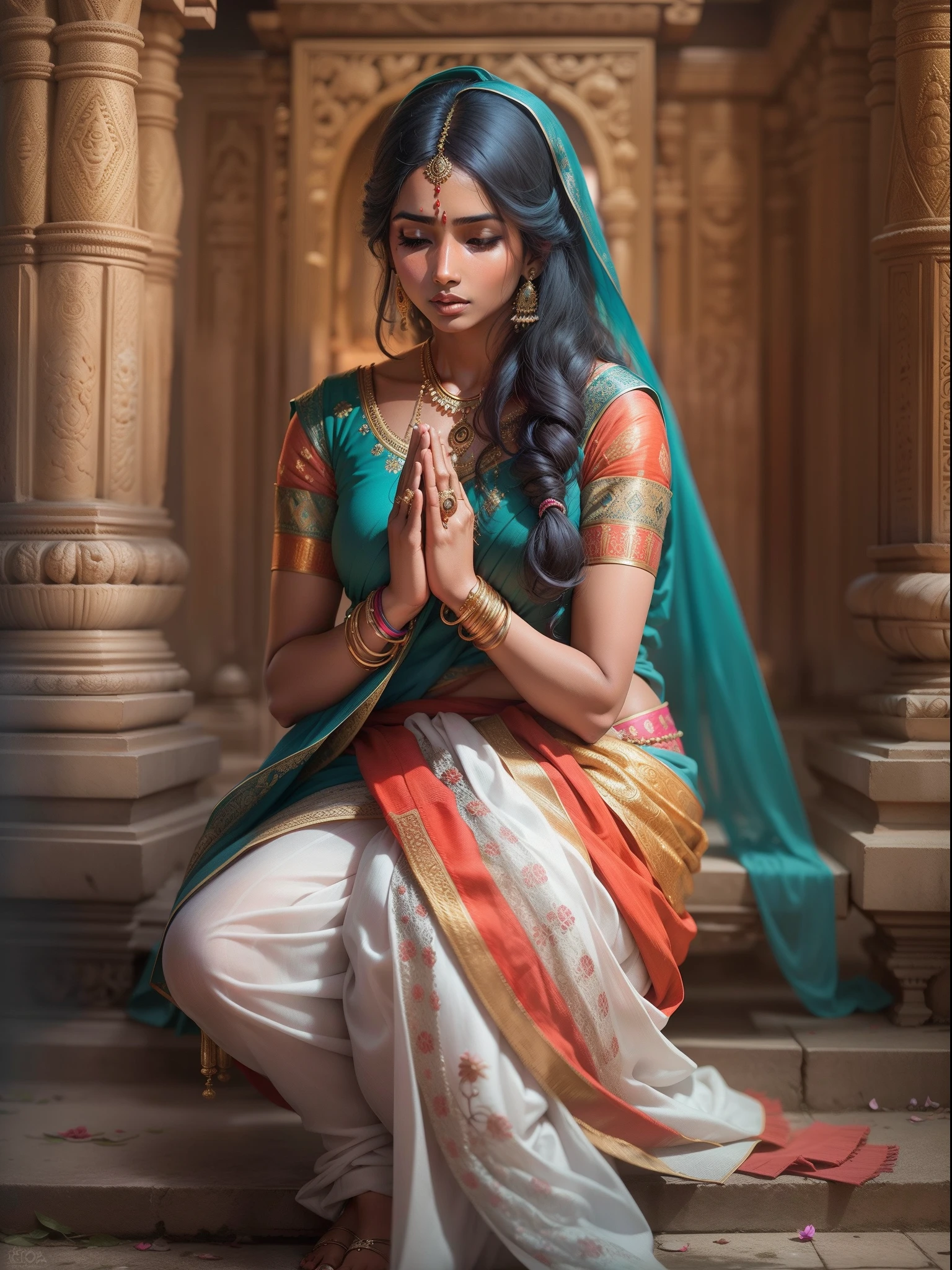 1Indian beautiful woman in sari, in the temple of Goddess Saraswati, Prays, hyper realisitc, real-photo, ultradetail