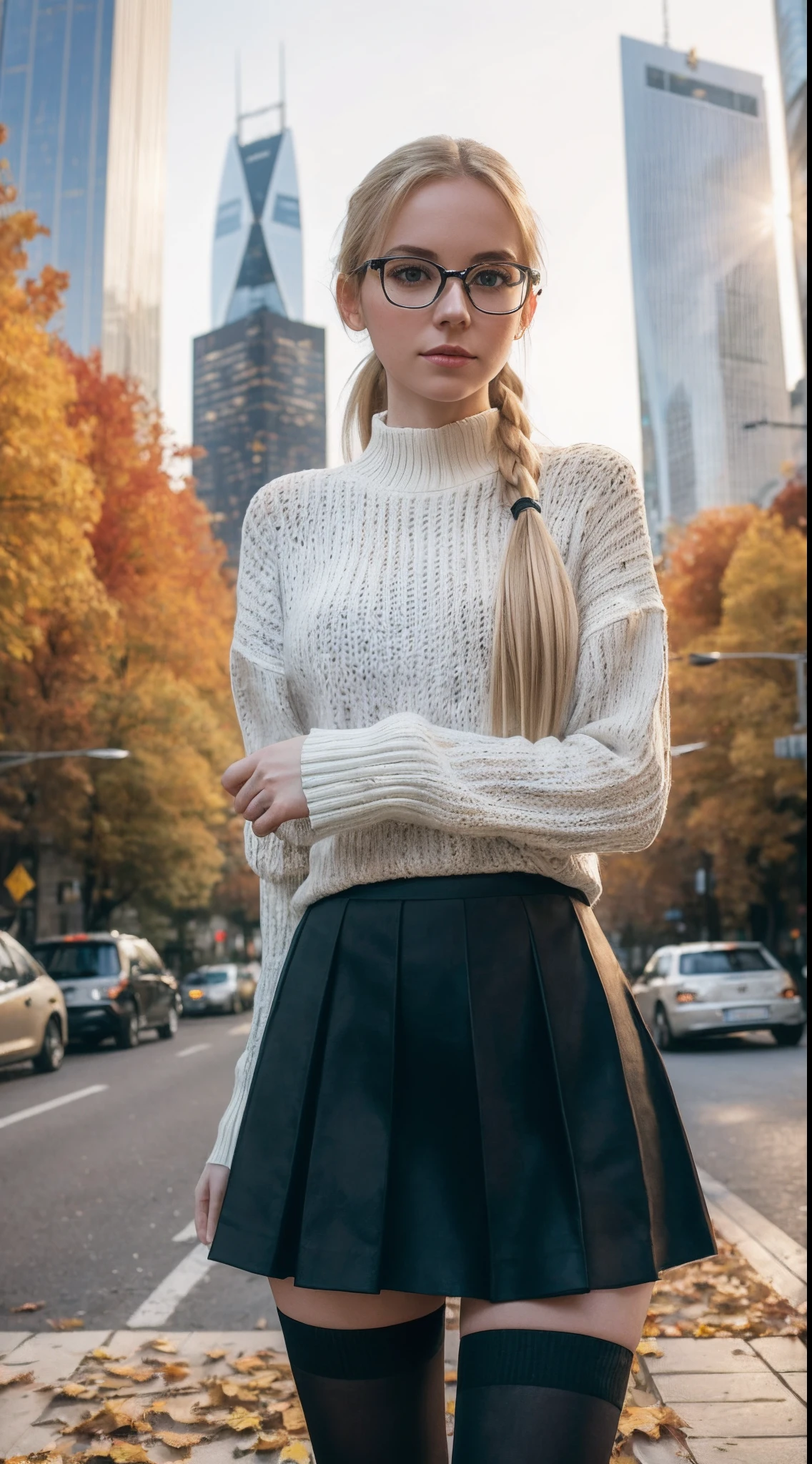 (masterpiece, high quality:1.3), (medium shot:1.4), woman, long hair, (pale skin:1.1), (smirk:0.5), (white knit sweater:1.2), (black canvas skirt:1.3), (white thighhighs:1.1), glasses, eyeglasses, one hand on hip, hand on waist, (autumn, fall colors, leaves falling:1.25), (beautiful, gorgeous:1.2), (blonde, pale hair:1.3), (ponytail:1.3), (looking at viewer:1.4), detailed background, standing on the sidewalk, parked cars, (city skyscrapers:1.2), RAW photo, subject, 8k uhd, dslr, soft lighting, high quality, film grain, Fujifilm XT3, (bokeh:1.2)