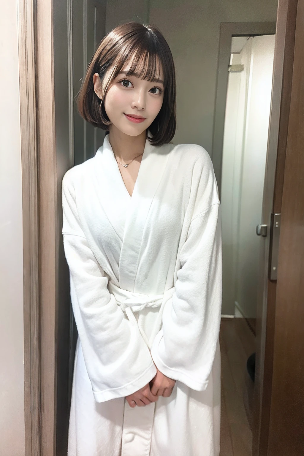 masutepiece, Best Quality, Pretty Woman,ssmile,
(Photorealistic:1),Short bob hair、lightbrown hair、dull bangs

dressing room

White bathrobe　Full Body Cowboy Shot