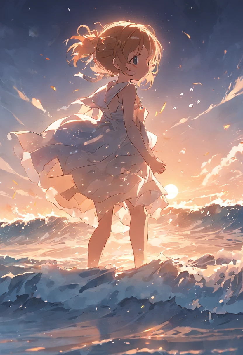 SENSE OF CINEMA，Beautiful evening seaside，Two little babies rushed out to sea from the beach，Silvery-white waves lapping against the beach，setting sun
