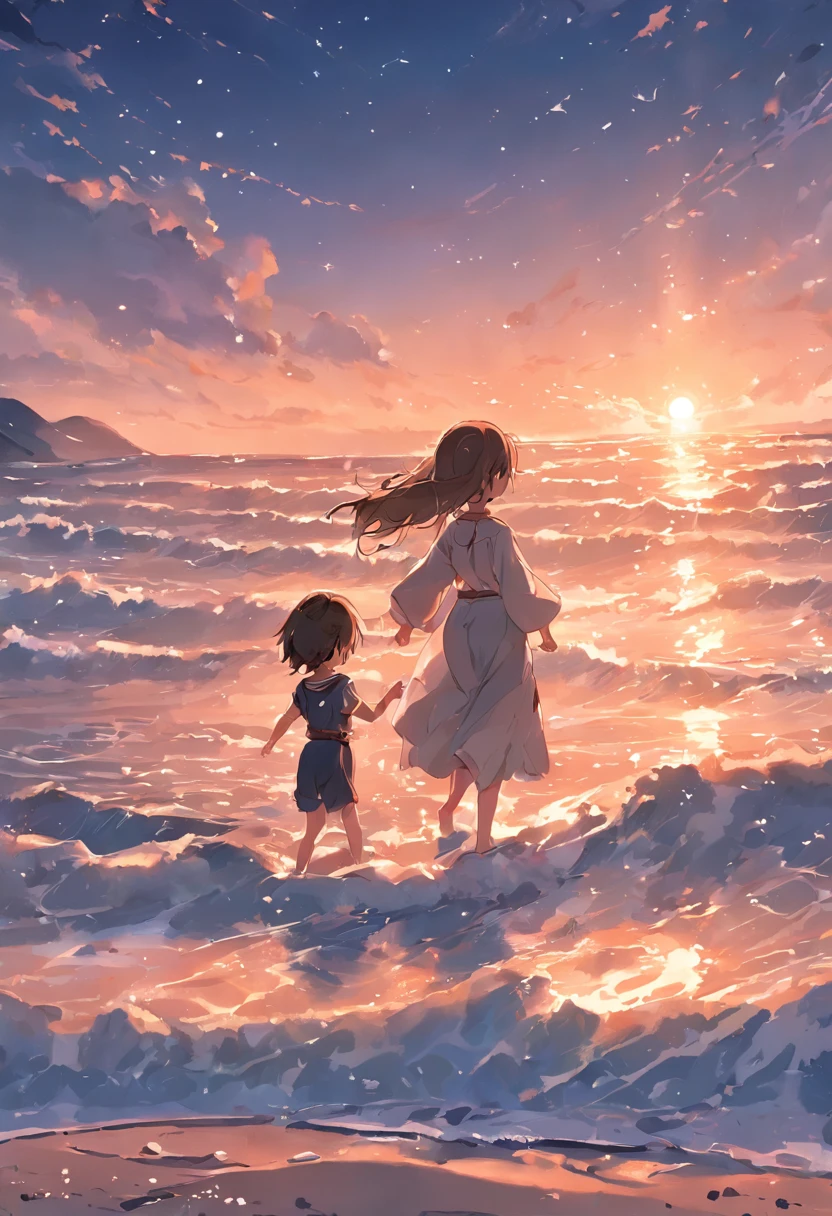 SENSE OF CINEMA,Beautiful evening seaside,Two little babies rushed out to sea from the beach,Silvery-white waves lapping against the beach,setting sun