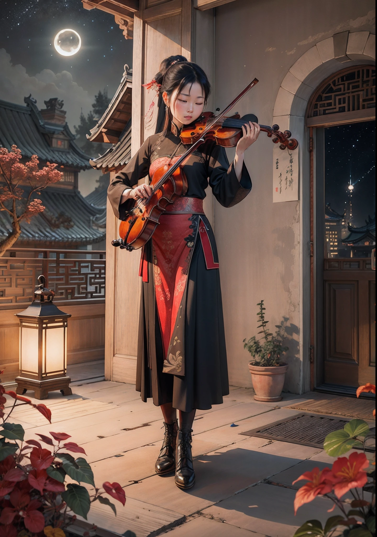 Chinese playing violin in moonlight night