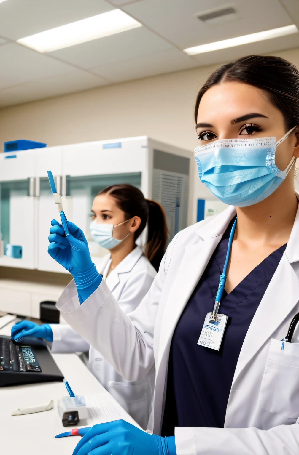 Create a vibrant, compelling image that represents a clinical analysis lab's commitment to health and innovation. Na parte superior da imagem, No centro da imagem, Highlight a well-lit clinical analysis laboratory, with modern and advanced equipment. inside laboratory, Position healthcare workers dressed in white lab coats, gloves and masks, Working together with focus and dedication. Ensure professionals are smiling and showing confidence in their work. Around the lab, Add graphics and icons related to technology and artificial intelligence to represent lab innovation. Use vibrant colors that convey a sense of vitality and hope. That this image contains male professionals as well! Imagem para a capa de um livro! (Obra-prima), (qualidade superior), (Super detalhe),
