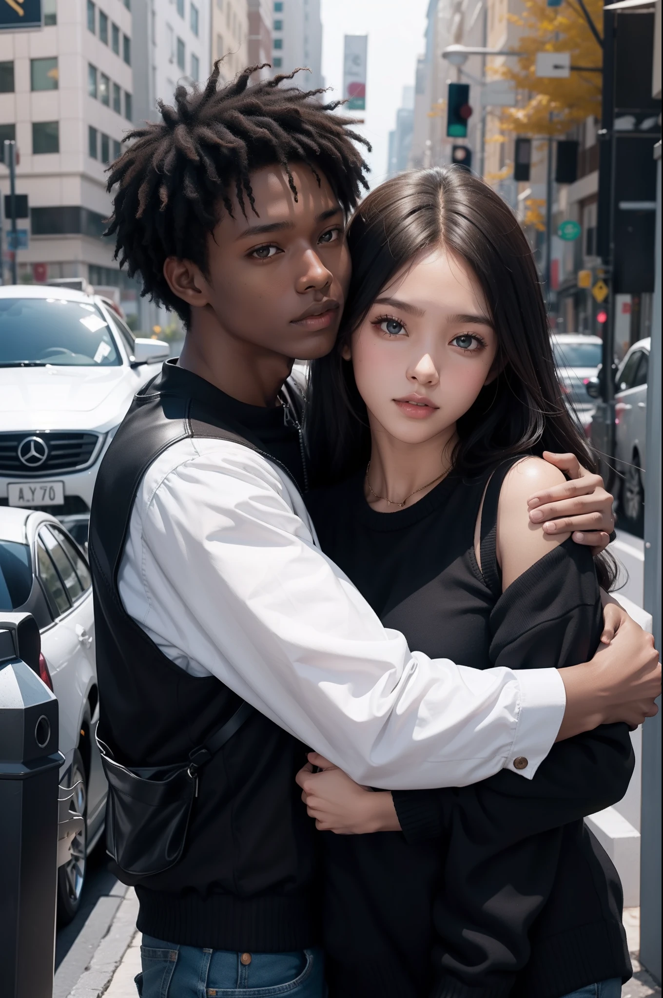 A black skin boy and Fair skin girl is hugging each other