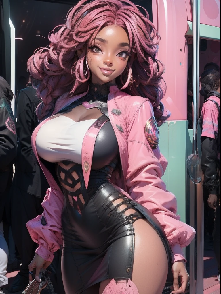 A beautiful pretty brown skin solarpunk, pink theme