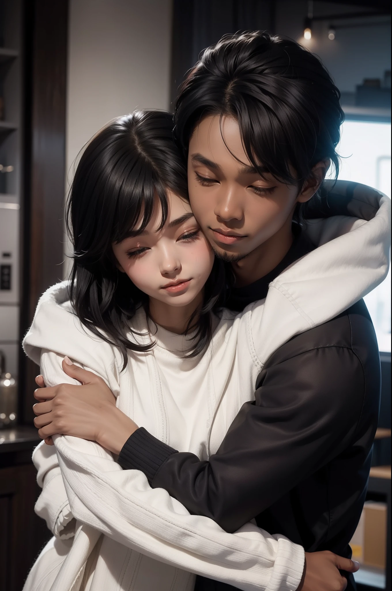 A black skin boy and Fair skin girl is hugging each other