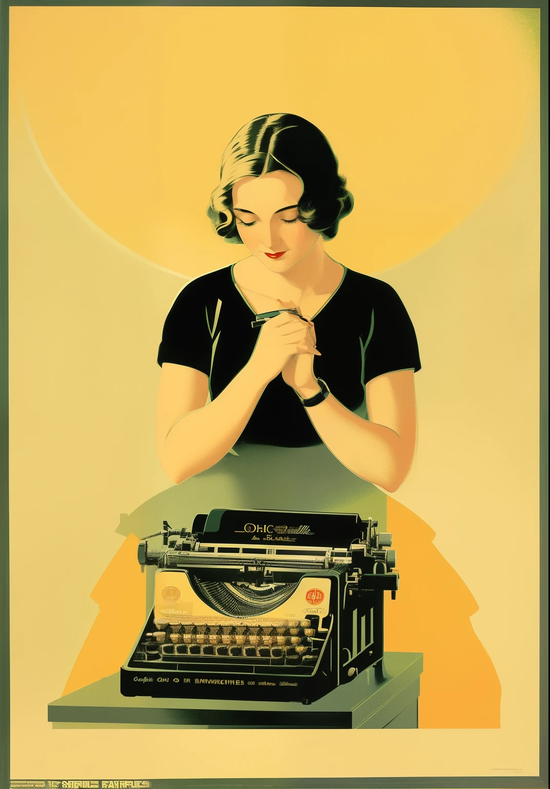 Painting of a woman sitting at a desk with a typewriter, Dicas de Coles Phillips, Directed by: Coles Phillips, inspirado em Coles Phillips, Poster de Shephard Fairey, advertising poster, poster vintage, Cartaz de propaganda dos anos 1940, cartaz de propaganda, Directed by: Pruett Carter, Directed by: Jon Whitcomb, Directed by: James Montgomery Flagg