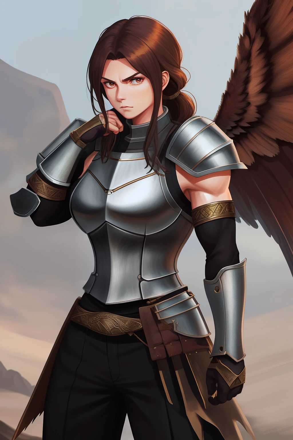 woman warrior, very much strong (showing huge arm muscles without sleeves), dark brown hair tied with a white lock. non sexualized, using pants. full plate armor (no sleeves, no gloves). metalic wings