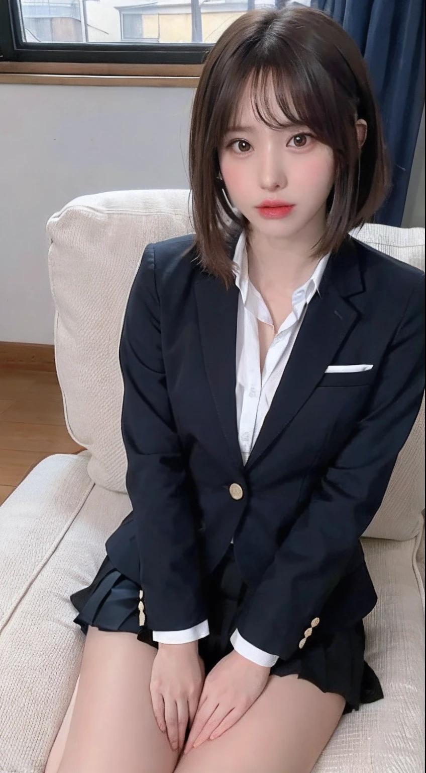 Top Quality, Photorealistic, 8K, High Definition, 1 Girl, Female, (1.8), School, Schoolgirl, Blazer, Uniform, Pubic hair visible, No panties, Skirt boldly pulled up, ((Sit in chair and legs wide open)), Bend your knees and open your legs, Slightly shorter hairstyle, Grab your knees with your hands to open your legs, Buttoned shirt flutters