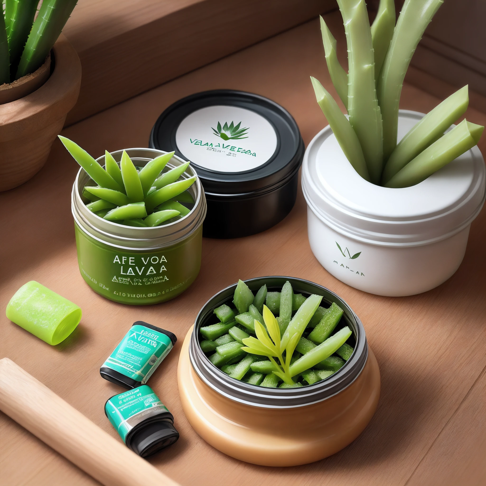 ads,flat drawing,Fresh aloe vera,Opening events,Light hits on aloe vera,The picture is bright and fresh,Restore the real scene,Three-dimensional,still-life,Put aloe vera gel right in the middle,Packaged in cans,The overall picture is green,Aloe vera juice water is under the jar,There are petals spilled in the upper right corner,Highlight aloe vera,On the jar is written Fenfen beauty manicure