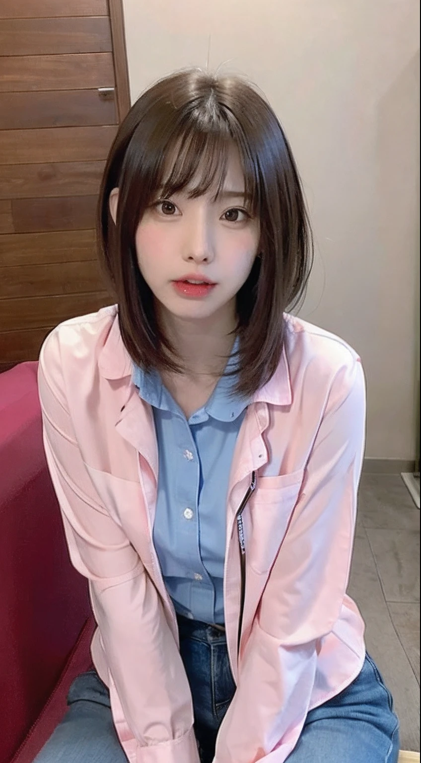 of the highest quality, Photorealistic, 8K, High Definition, 1 girl, Female, (1.8), School, girl, , Pubic hair visible, ((Sit on a chair、Keep your legs wide open)), Bend your knees and open your legs, slightly shorter hairstyle, Grab your knees with your hands to open your legs, Buttoned shirt flutters、Wearing a pink bra、Wearing pink panties
