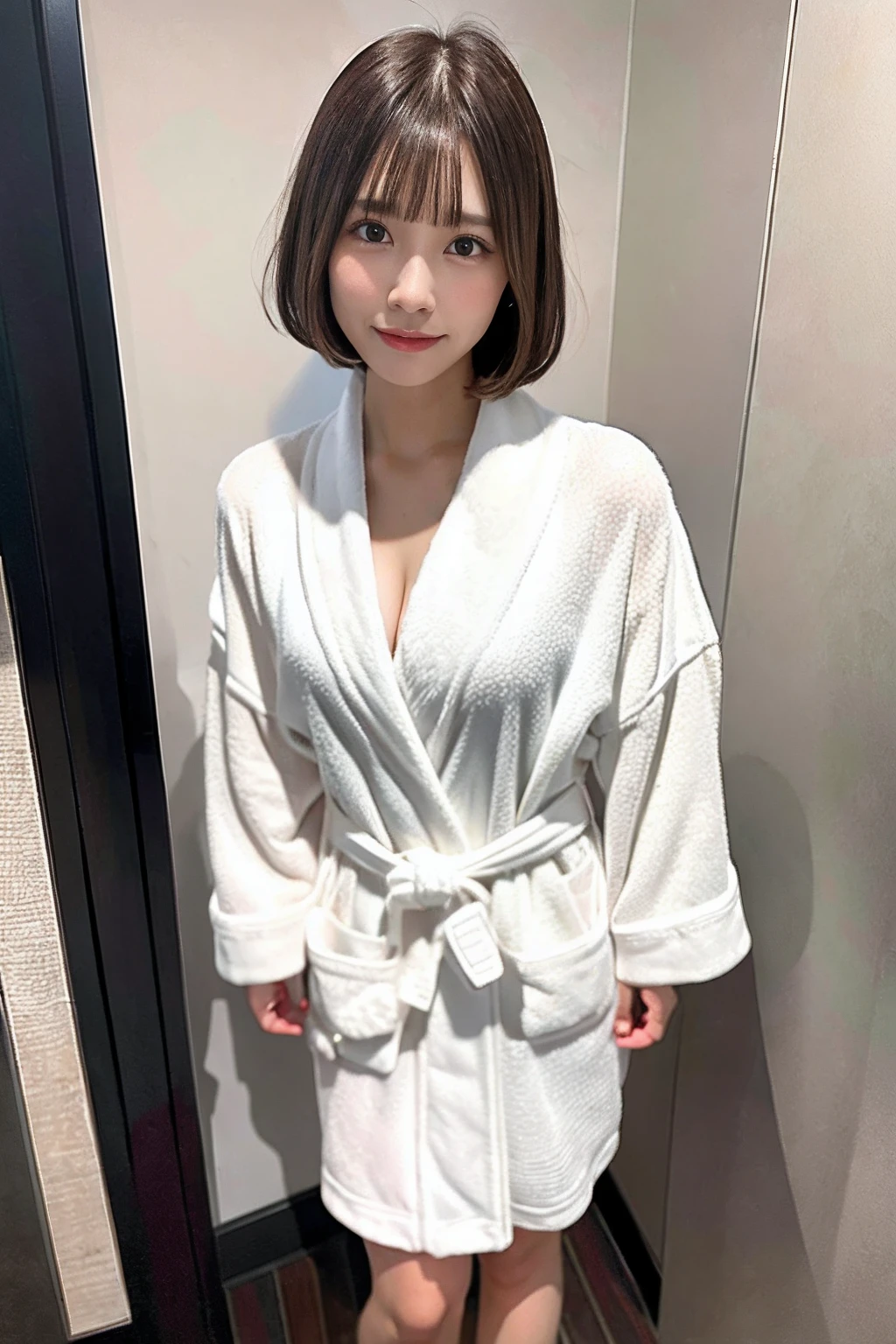 Highest quality, (beautiful)、Stylish、Brown Hair、Looking into the camera、Be excited、Love hotel room、Bathrobes