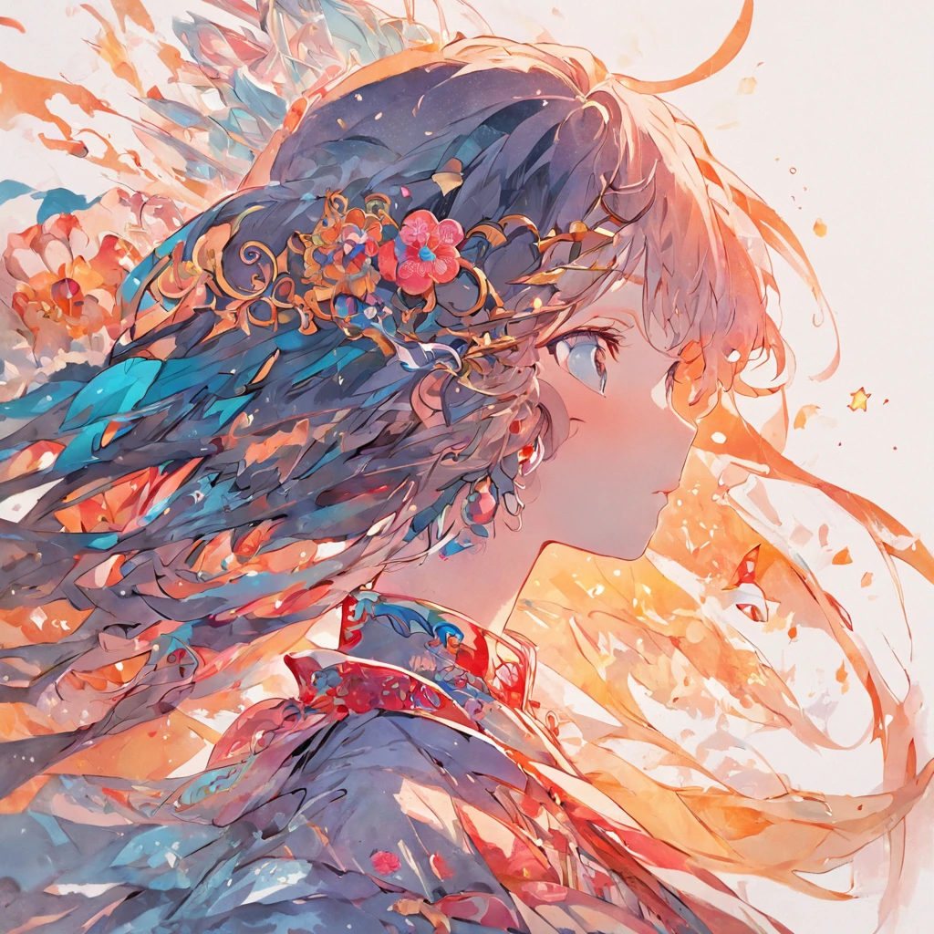 (White background:1.4),(Silhouette of a girl's head, Eyes closed, colorfull long hair, Oriental elements),(Chinese illustration:1.3,paper art:1.3, Quilted paper art:1.2),( reasonable design, Clear lines, High sharpness,Best quality, Very detailed, Masterpiece, movie light effect, 4K )