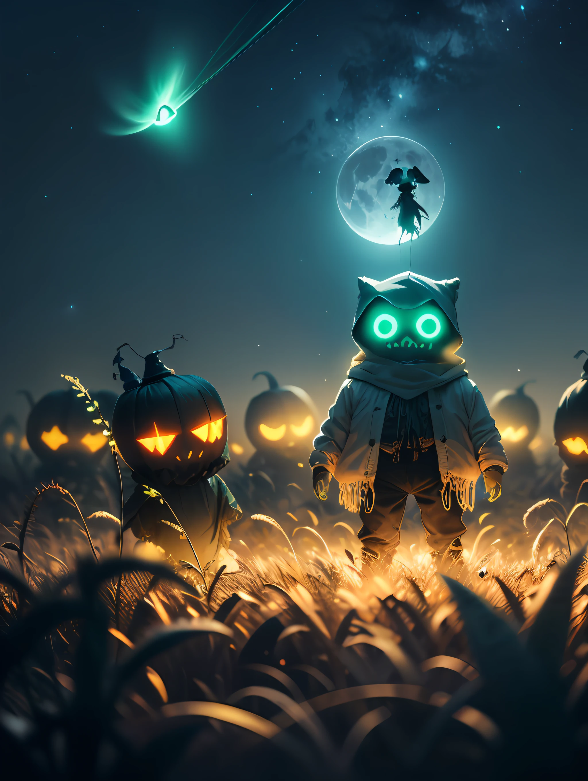 (masterpiece) a picture of cornfield night time sky full of stars and moon , ((spooky theme)), ((scary looking)) scarecrow in the middle of cornfield, high quality, ((small details)), ((spooky )) night sky colour, ((intricate details)), in the cornfield there's a some (blue colour ) Bioluminescence (small) insect flying making the scane (spooky and mesmerizing) , 4k hd, ((Bioluminescence look))