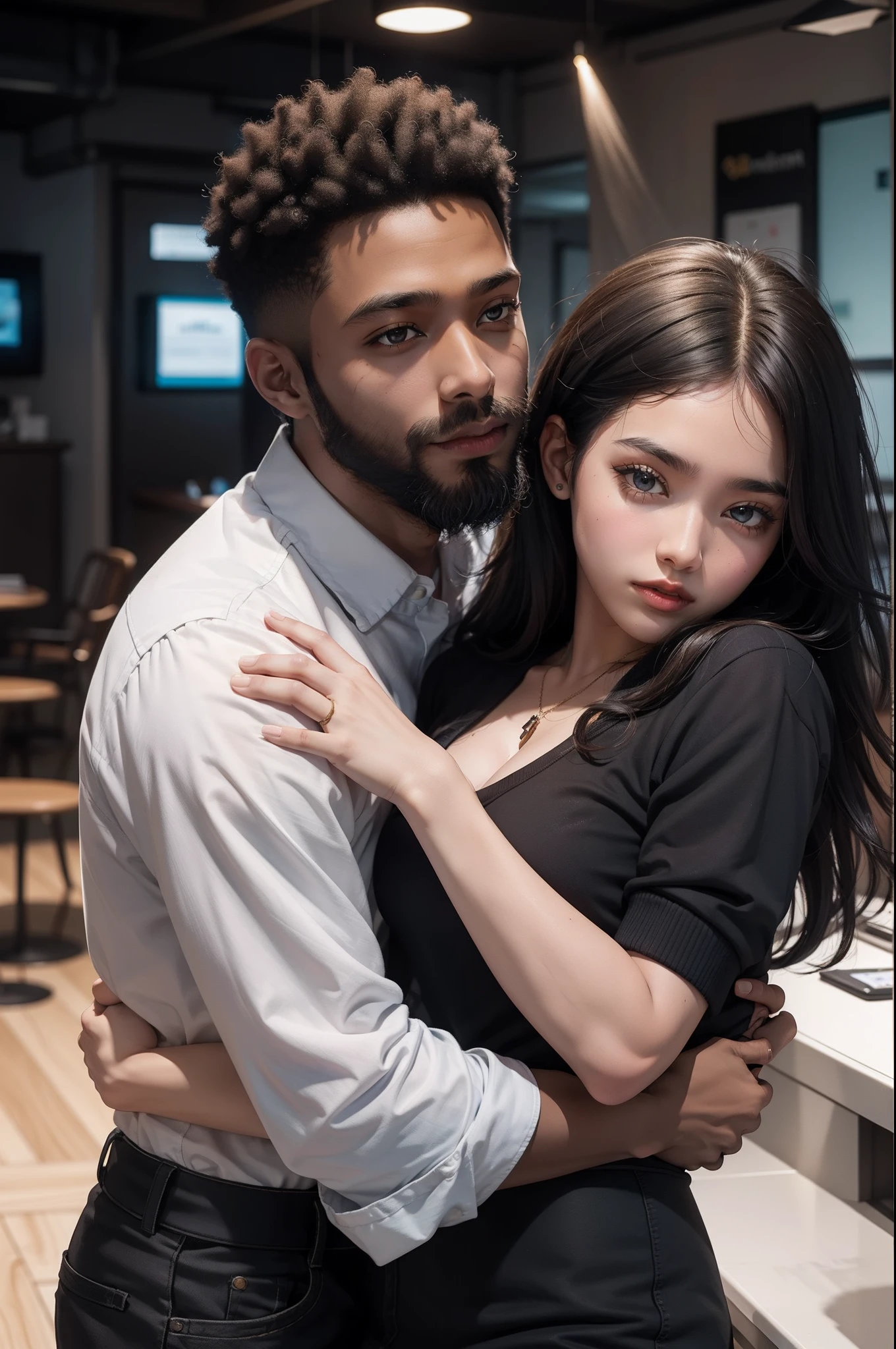 A black skin boy with a beard and Fair skin girl is hugging each other