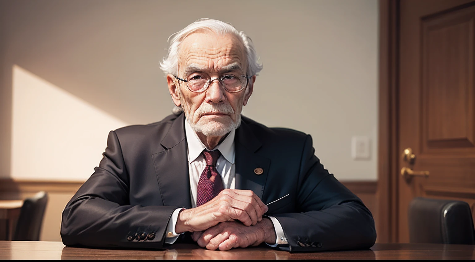 Old man looking forward dressed in suit sitting at a table