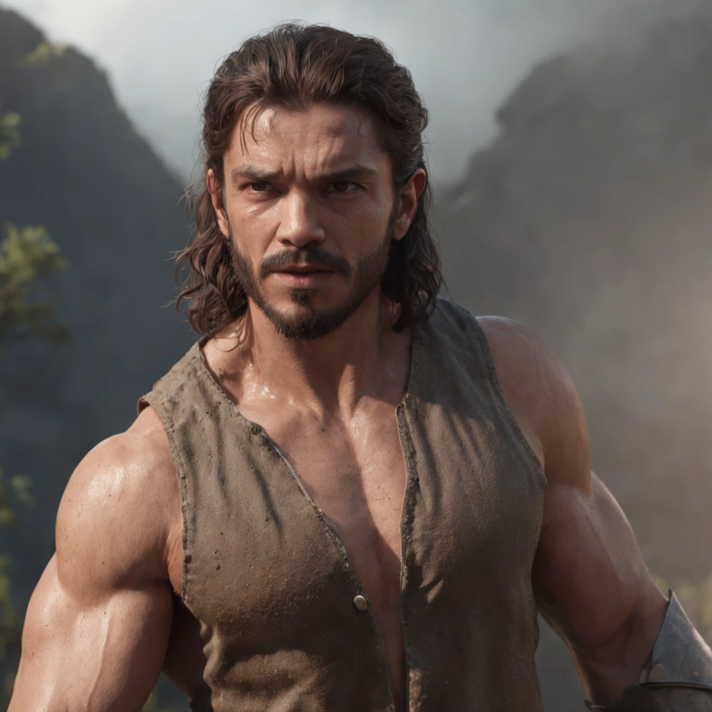 (Professional 3D rendering:1.3) de (Realistic:1.3) Foto de arte mais bonita do mundo,Features soft, bright male heroes, ((Epic hero fantasy rough muscular man wet hero angry look long hair short beard and fierce expression in dynamic pose, fantastic location, majestoso ambiente desordenado)), corpo inteiro 8k unidade render, action shot, poros da pele, very dark lighting, sombreamento pesado, circunstanciado, Rosto detalhado, (vibrante, fotogrdeia realista, Realistic, Dramatic, Escuro, foco nítido, 8k), (Old leather clothes damaged by bad weather:1.4), ((((Use peles)))), (intrincado:1.4), decadente, (altamente detalhado:1.4), pintura digital, rendering by octane, art stations, Conceito-Arte, liso, foco nítido, illustration, germe da arte, (Loish:0.23), Wlop Ilya Kuvshinov, e Greg Rutkowski e Alphonse Mucha Gracias, (global ilumination, studiolight, Light Volumetric), chuva forte, floating particles, patife, fantasia, Onze, corpo inteiroesbian, ((Fundo escuro e antigo da cidade:1.3)),CGSesociedade,art stations