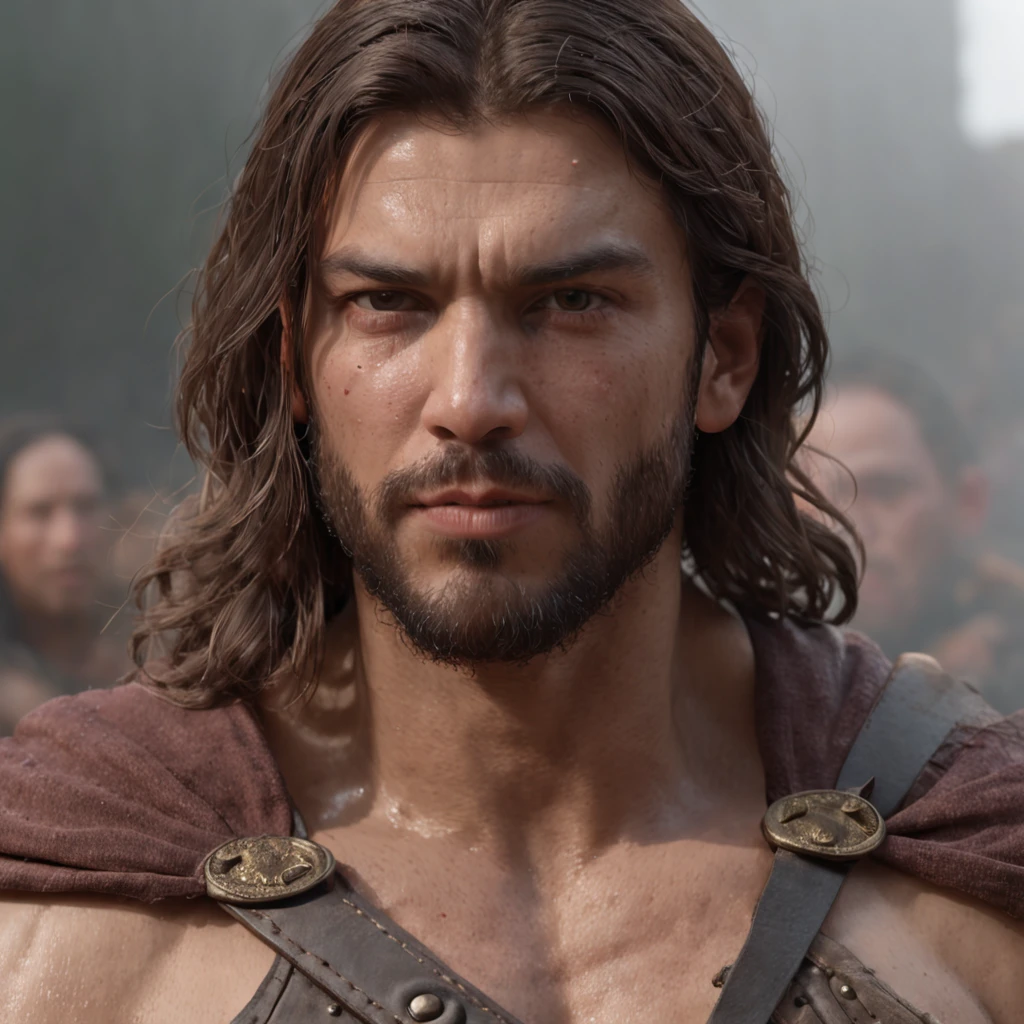 (Professional 3D rendering:1.3) de (Realistic:1.3) Foto de arte mais bonita do mundo，Features soft, bright male heroes, ((Epic hero fantasy rough muscular man wet hero angry look long hair short beard and fierce expression in dynamic pose, fantastic location, majestoso ambiente desordenado)), corpo inteiro 8k unidade render, action shot, poros da pele, very dark lighting, sombreamento pesado, circunstanciado, Rosto detalhado, (vibrante, fotogrdeia realista, Realistic, Dramatic, Escuro, foco nítido, 8k), (Old leather clothes damaged by bad weather:1.4), ((((Use peles)))), (intrincado:1.4), decadente, (altamente detalhado:1.4), pintura digital, rendering by octane, art stations, Conceito-Arte, liso, foco nítido, illustration, germe da arte, (Loish:0.23), Wlop Ilya Kuvshinov, e Greg Rutkowski e Alphonse Mucha Gracias, (global ilumination, studiolight, Light Volumetric), chuva forte, floating particles, patife, fantasia, Onze, corpo inteiroesbian, ((Fundo escuro e antigo da cidade:1.3)),CGSesociedade,art stations
