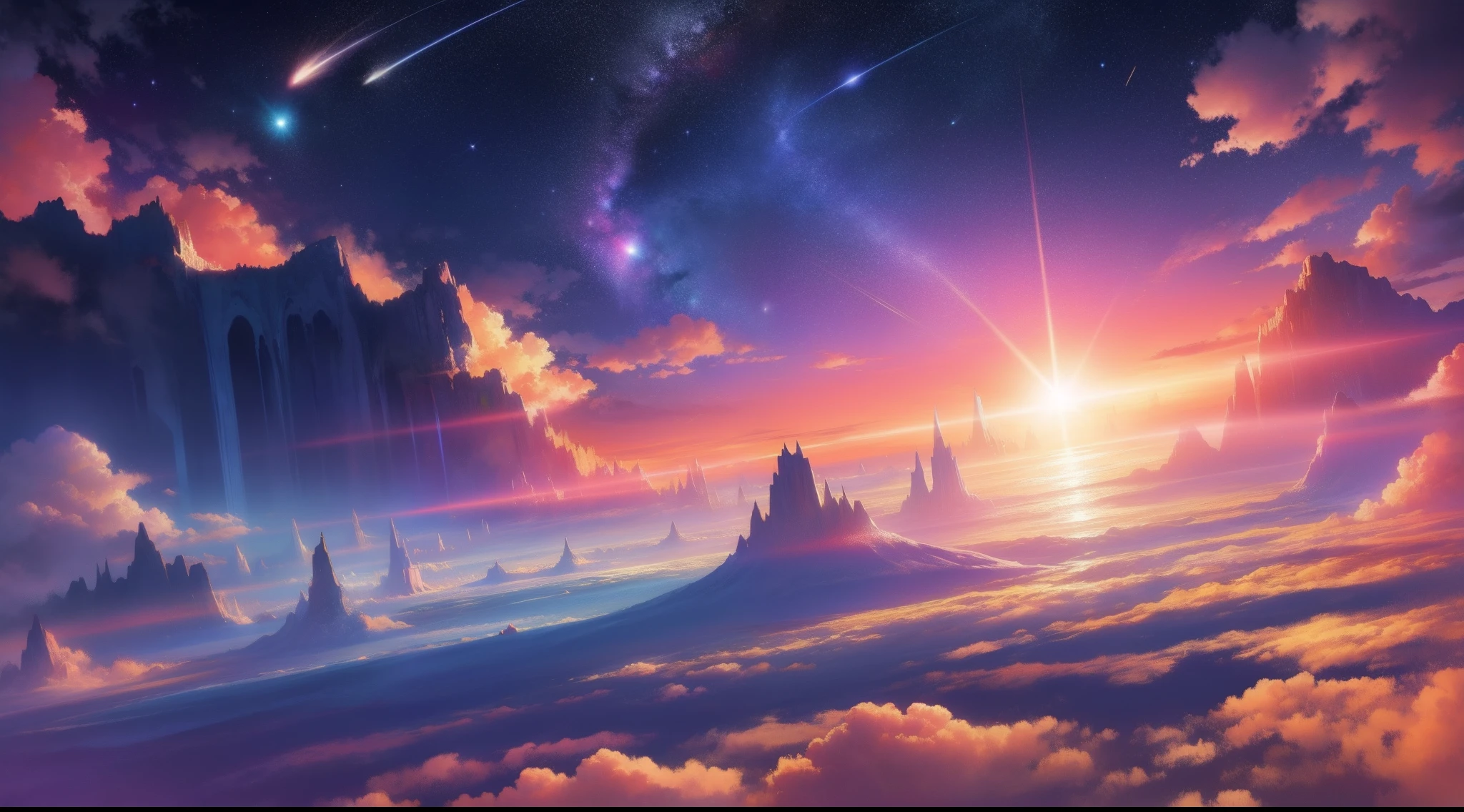 A colorful view on the galaxy with the sun, in the style of surrealistic juxtapositions, intricate landscapes, gravity-defying landscapes --niji 5