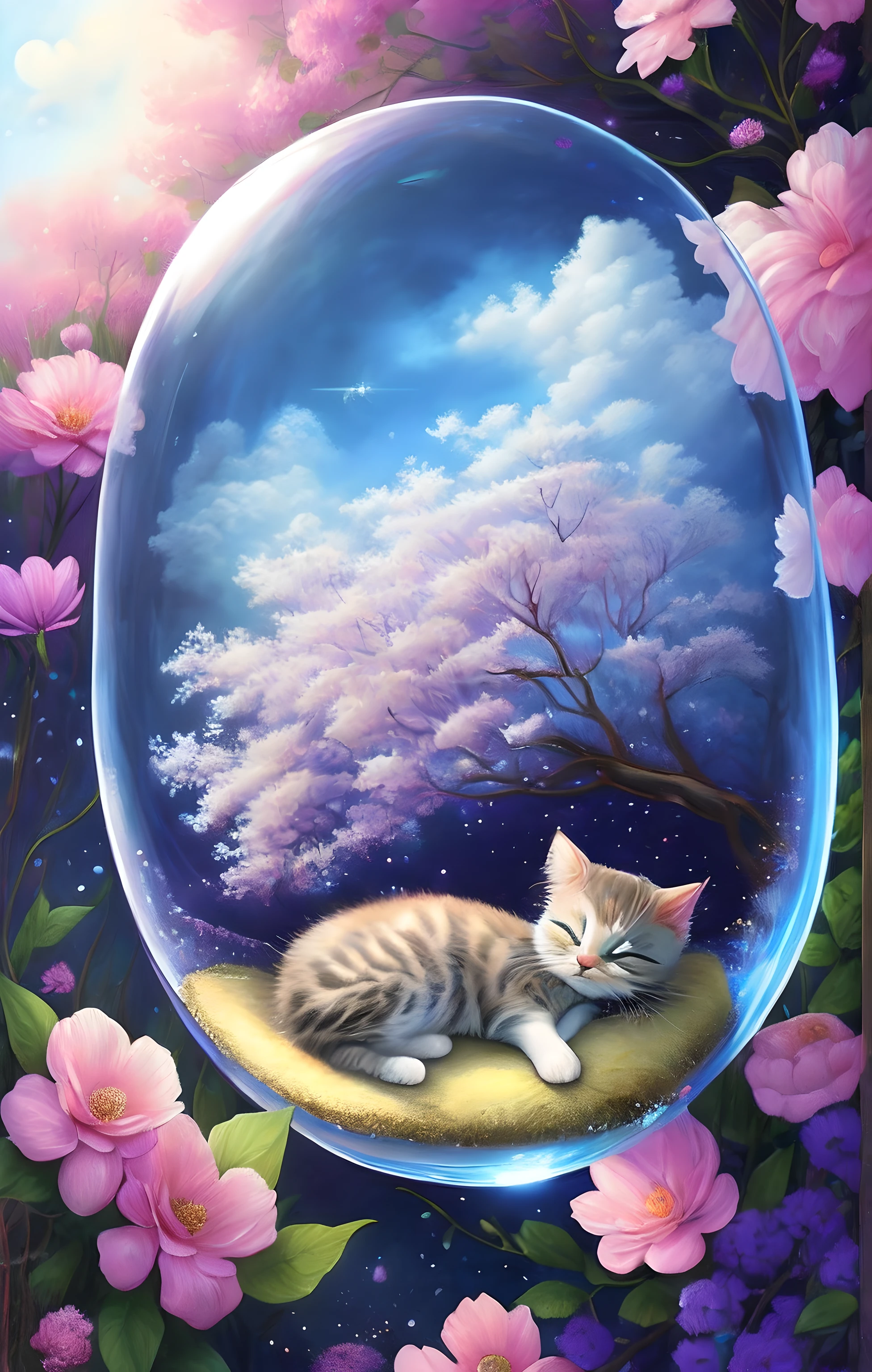 painting of a cat sleeping in a bubble with flowers surrounding, dreamscape in a jar, cute detailed digital art, dreamy art, full art, cute digital art, beautiful art uhd 4 k, dreamlike art, cat cat dreamcats, adorable digital painting, beeple and jeremiah ketner, cats cat dreamcats, dream scenery art, whimsical fantasy landscape art