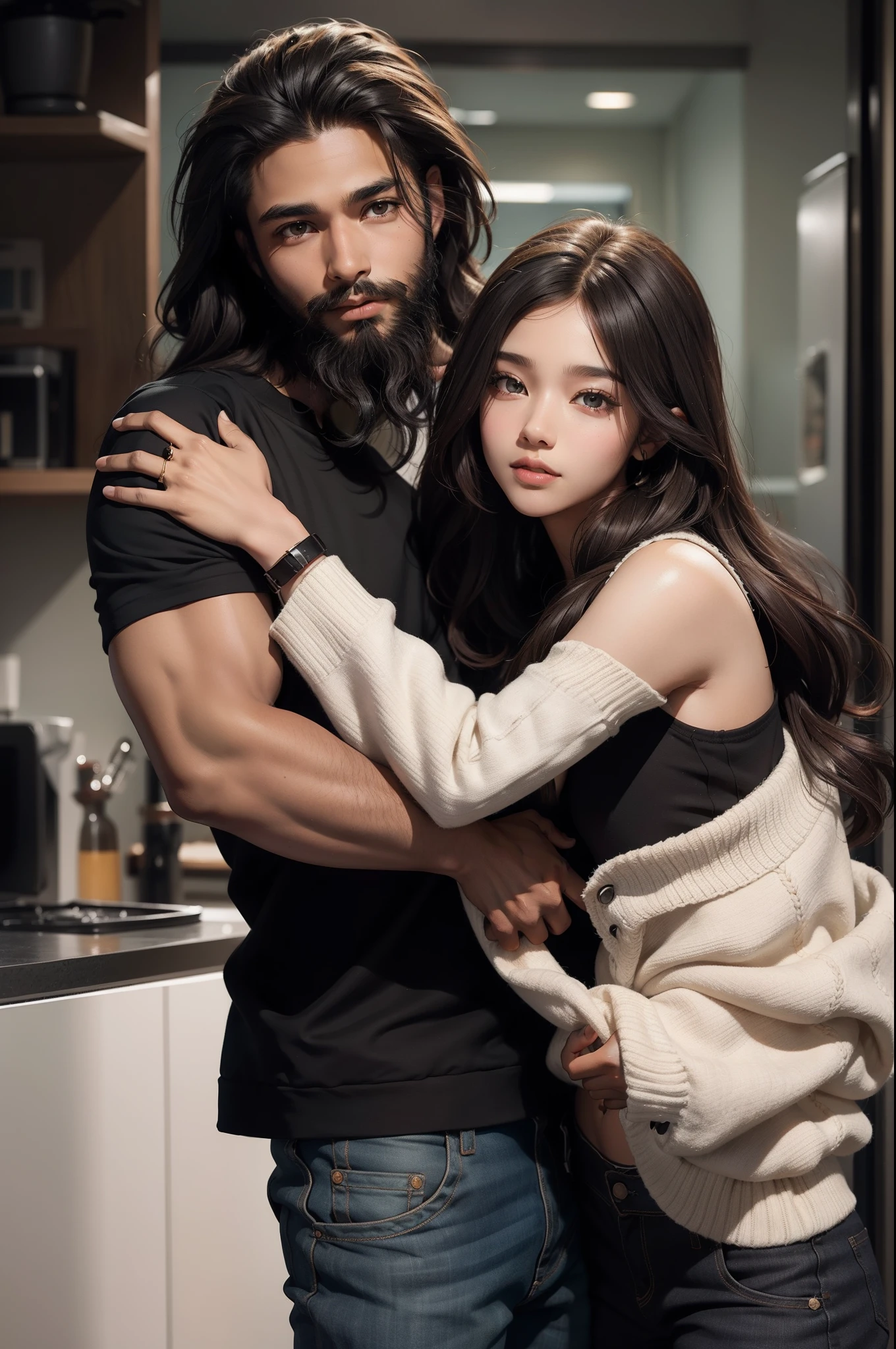 A black skin boy with a beard with a good hairstyles and Fair skin girl brown long hair, with perfect body figure is hugging each other