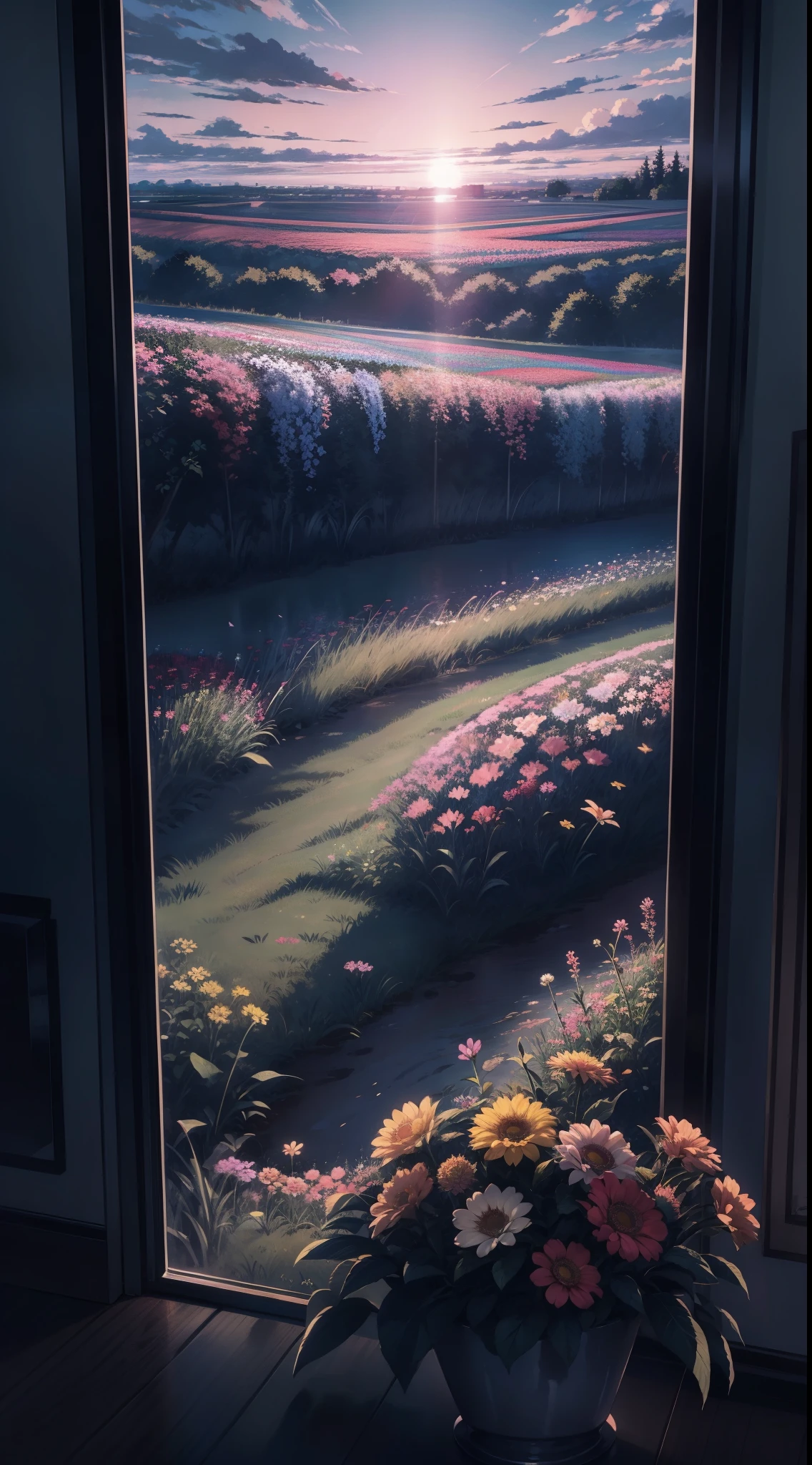 flower field,blue sky,colourful flower,8k detailed artwork, high quality wallpaper, illustration,high resolution, 3 colour twilight