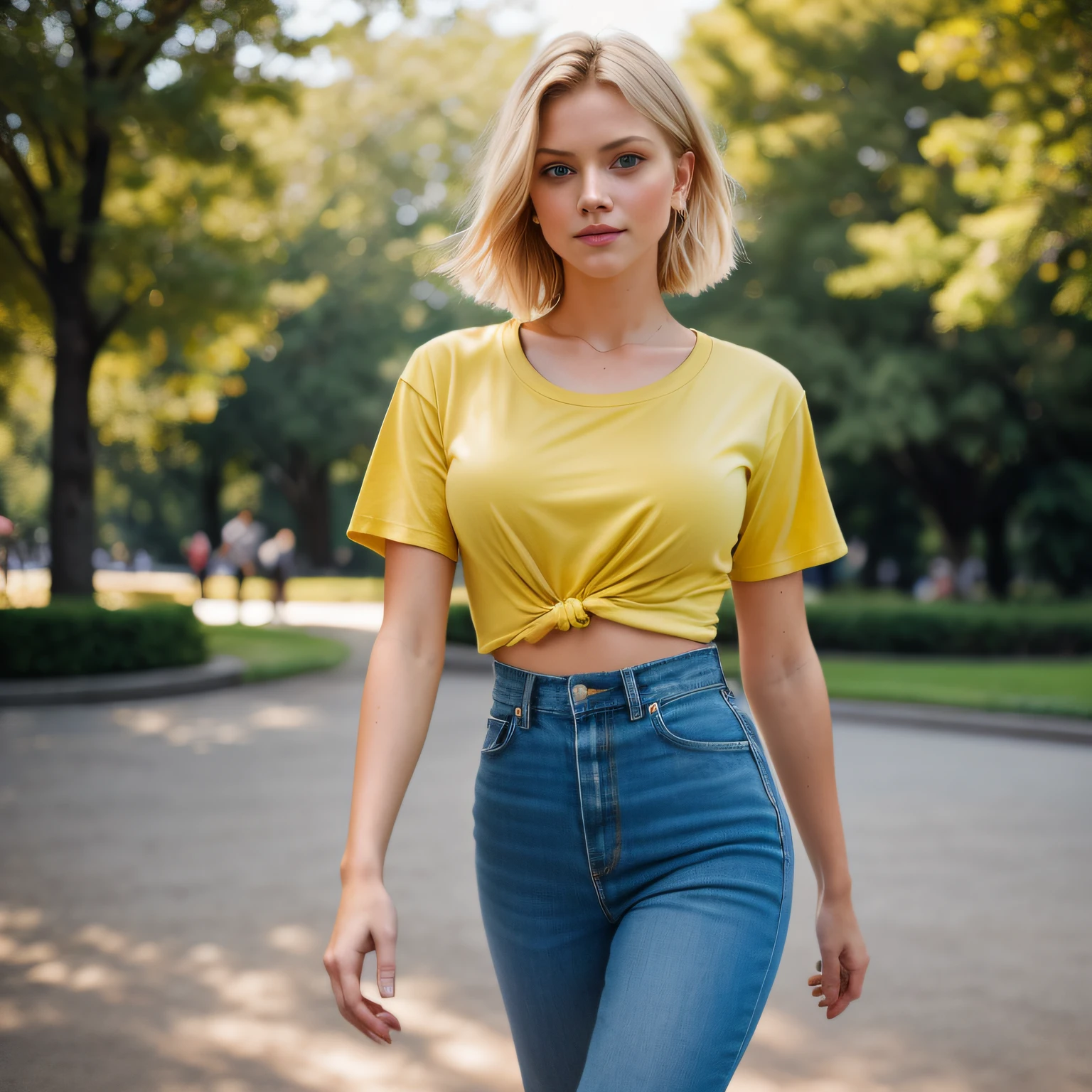 professional, (4k photo:1.1) by (Jeremy Lipking:0.3), (Dittmann Anna:0.3), (Arian Mark:0.3), (Sharp focus:1.3), laughting, high detail, wearing (yellow t-shirt:1), beautiful detailed face, hazel eyes, short blonde hair, (attractive young woman:1.3), (seductive:0.9), (blushing:1.1), hourglass body shape, (small round breasts:1) wide hips, (walking in a park:1) long shot cinematic