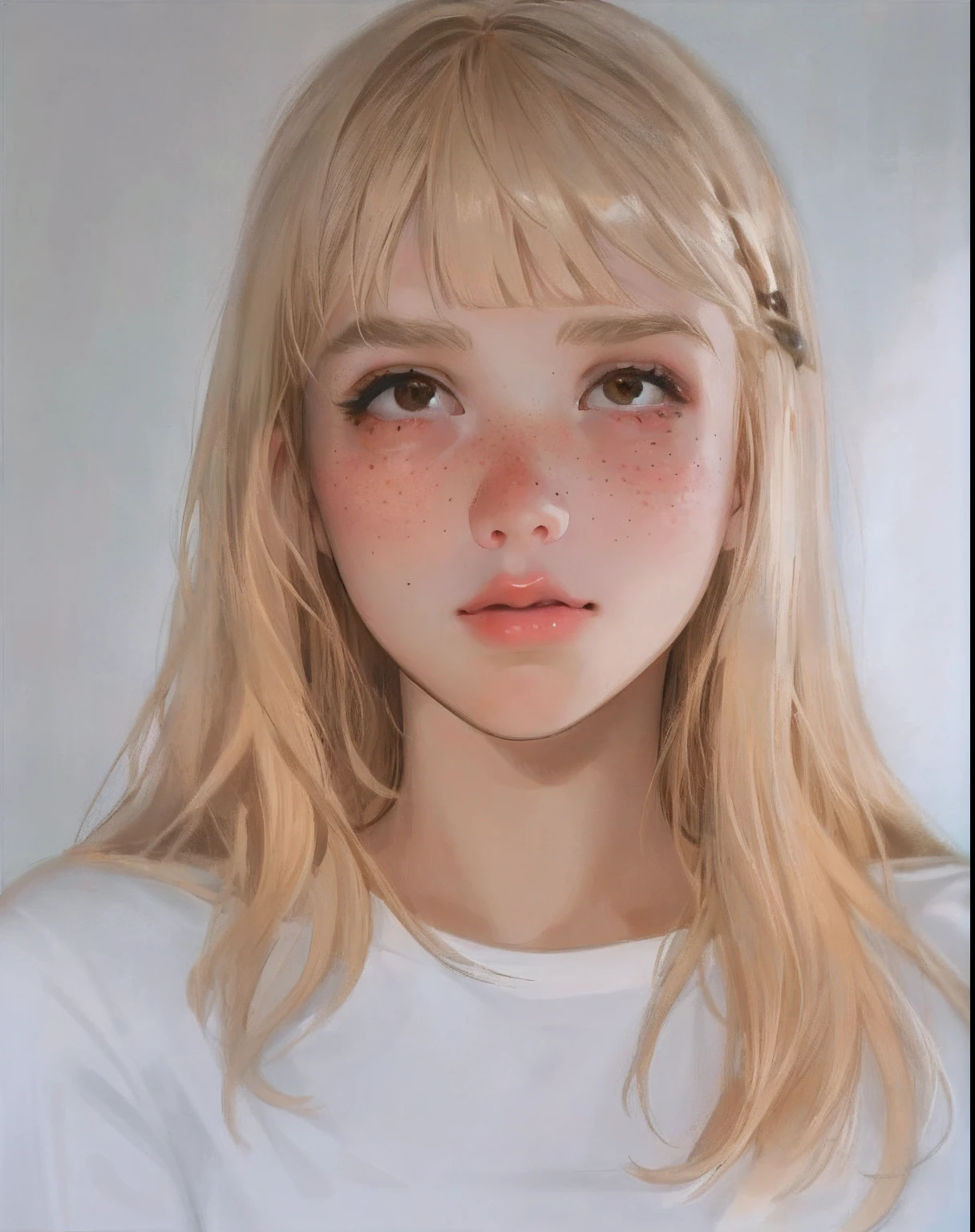 blond girl with freckles and piercings looking at the camera, pale round face, light freckles, white bangs, a girl with blonde hair, white freckles, rosy cheeks with freckles, whitebangs, neat hair with bangs, soft freckles, light cute freckles, very light freckles, looks a blend of grimes, elle fanning), she looks like a mix of grimes