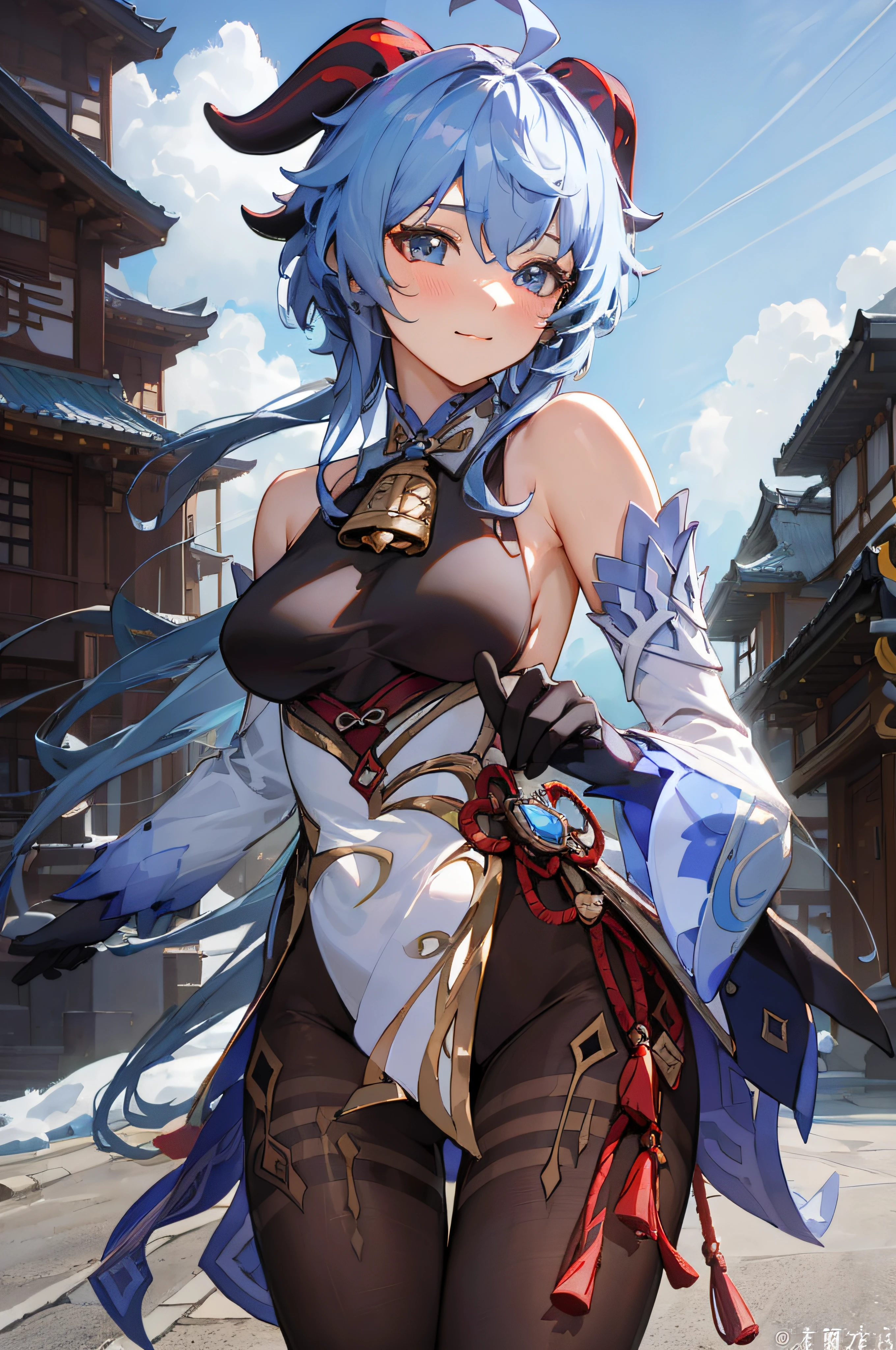 1girl, Clean eyes, very wide-eyed,japanese old town in background with mountains, Beautiful face, very red areola, standing , very seductive pose, very young, no bra, bare chest, , naked, No Top, NSFW, blue long hair with ponytail, red goat horns, naked, pussy