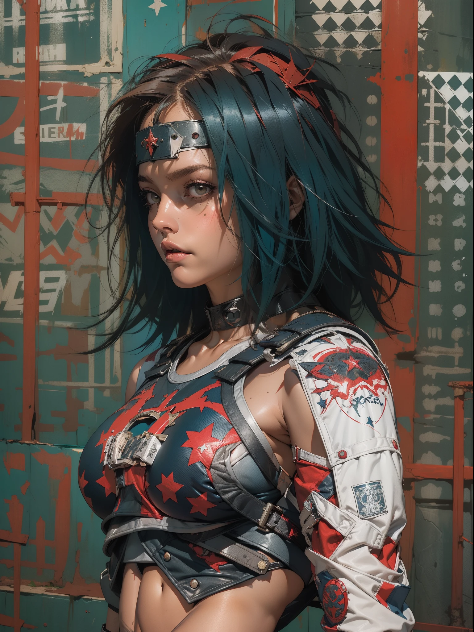(((mulher))), (((melhor qualidade))), (((obra prima))), (((adulto))), (((1girl))), ((( corte de cabelo bob ))), ((( bonnet ))), Uma gladiadora cyberpunk mulher de 25 anos com corpo perfeito, shoulder pads with metal spines, Gladiadores do Brooklyn, (( corte de cabelo bob )), tiny leather panties, camiseta de time de rugby rasgada, quase nua no estilo selvagem urbano de Simon Bisley para a capa da revista Heavy Metal, Cabelo loiro curto, Minimum clothing, Metal protection on the left arm with intricate graphics, Dark red with white stars and white and navy blue checkerboard pattern, armadura, cheio de pontas e rebites, (((do joelho pra cima))), cabelos loiro branco curto, no fundo uma parede pintada por Shepard Fairey com um design intrincado