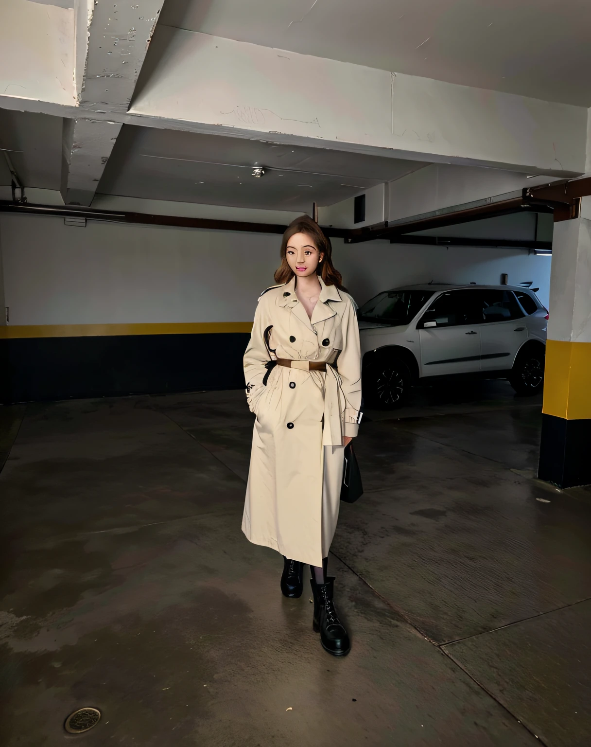 There's a woman standing in a garage wearing a trench coat, woman is in a trenchcoat, vestindo um casaco longo de trincheira preto, desgaste - estilo preto, usando um Casaco de couro, Casaco, Casaco com muitos bolsos, usando um trenchcoat, vestindo trenchcoat, usando um casaco espanador, pelagem longa, trenchcoat marrom claro
