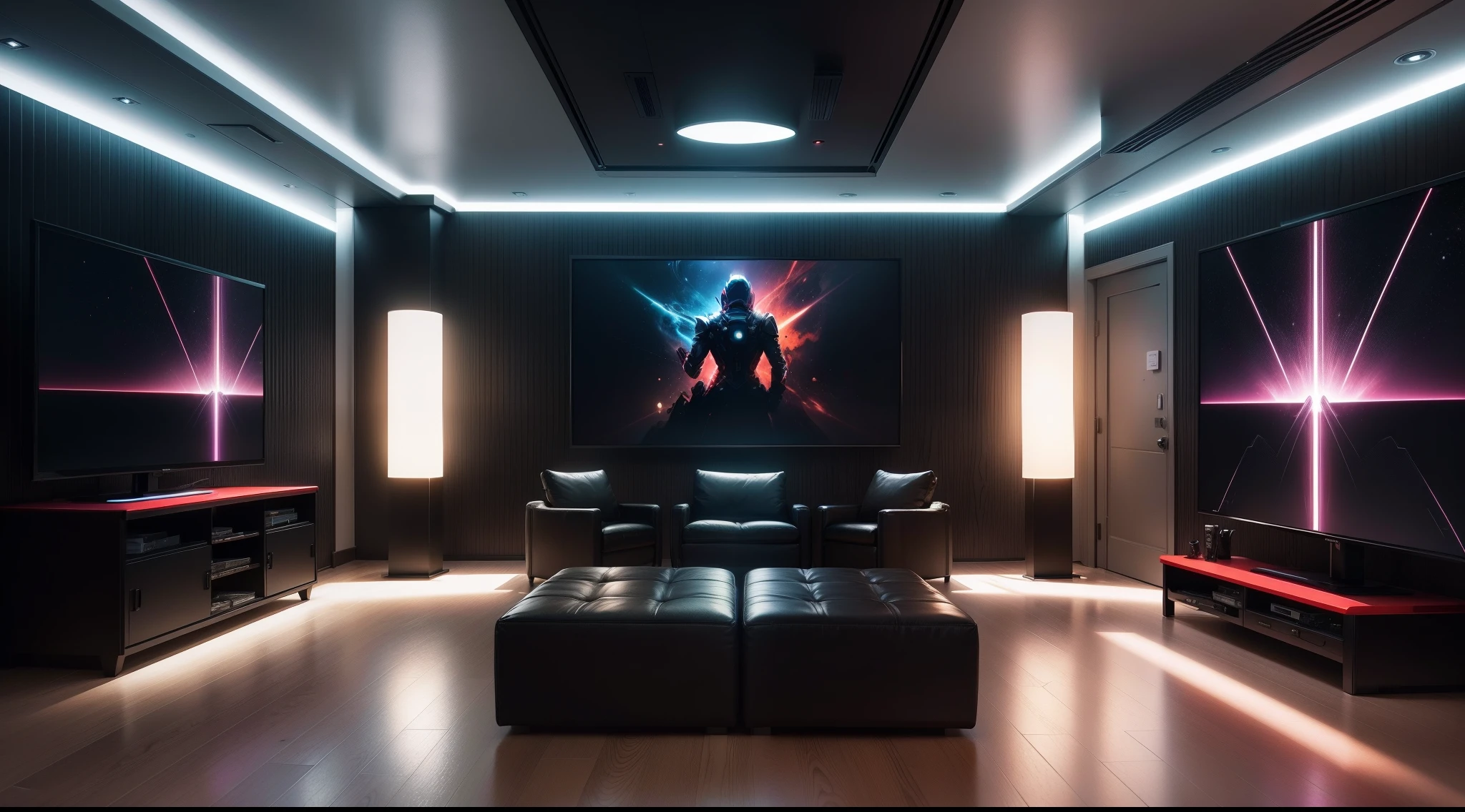 To design a distinctive and inspiring electronic gaming room that combines excitement with technological entertainment, I will use dark and saturated colors like black and dark red to create an atmosphere of mystery and suspense, I will choose comfortable and modern furniture with unique designs that reflect the atmosphere. Technology, I will provide spacious seating and relaxation spaces with comfortable chairs and amazing ambient sound systems, I will provide you with an amazing visual experience through large, high-resolution screens and color lighting technologies, I will provide advanced gaming equipment and comfortable control systems. To enhance the gaming experience, I will also provide space for organized storage of devices and accessories, I will add touches of distinctive décor, such as paintings inspired by games, famous characters, and attractive stickers to add a touch of character and excitement to the space, ultra realistic, 8k, Light and cool lighting, photo realistic, Cel shaded, Gel lighting, ultra details