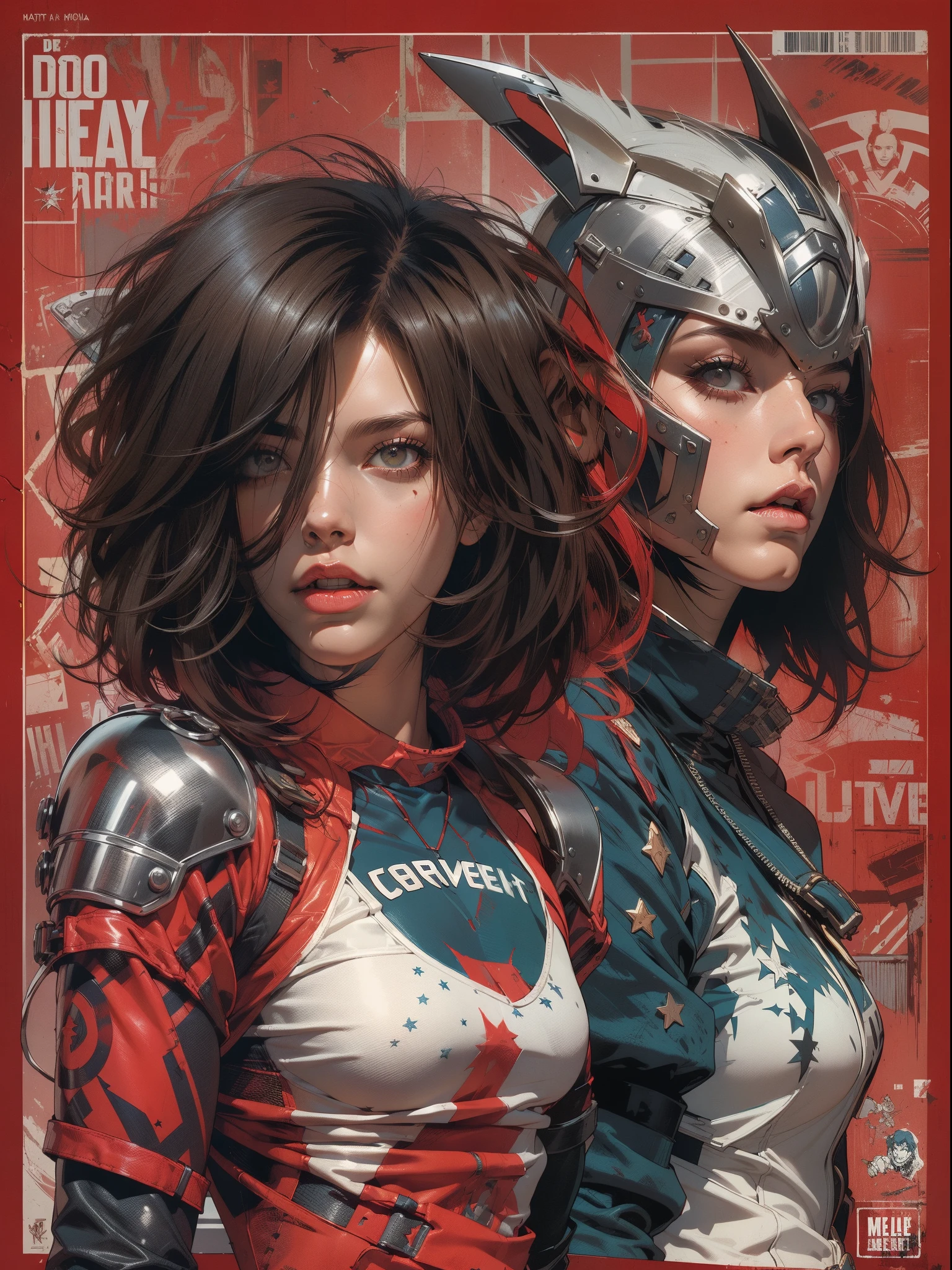 (((mulher))), (((melhor qualidade))), (((obra prima))), (((adulto))), (((1girl))), ((( corte de cabelo bob ))), Uma gladiadora cyberpunk mulher de 25 anos com corpo perfeito, shoulder pads with metal spines, Gladiadores do Brooklyn, (( corte de cabelo bob )), tiny leather panties, camiseta de time de rugby rasgada, quase nua no estilo selvagem urbano de Simon Bisley para a capa da revista Heavy Metal, Cabelo loiro curto, Minimum clothing, Metal protection on the left arm with intricate graphics, Dark red with white stars and white and navy blue checkerboard pattern, armadura, cheio de pontas e rebites, (((do joelho pra cima))), cabelos loiro branco curto, no fundo uma parede pintada por Shepard Fairey com um design intrincado