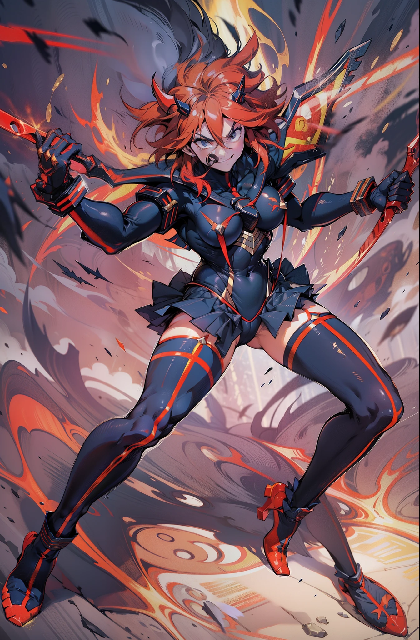 Anime, ryoko matoi,flying through the sky with black angel wings, golden leotard armor, In Battle, Chaos, shooting laser beams from hands, masterpiece ,pantyhose, boots,magicagirl body suit, large skirt, smile, long skirt,standing,smile forest,smile