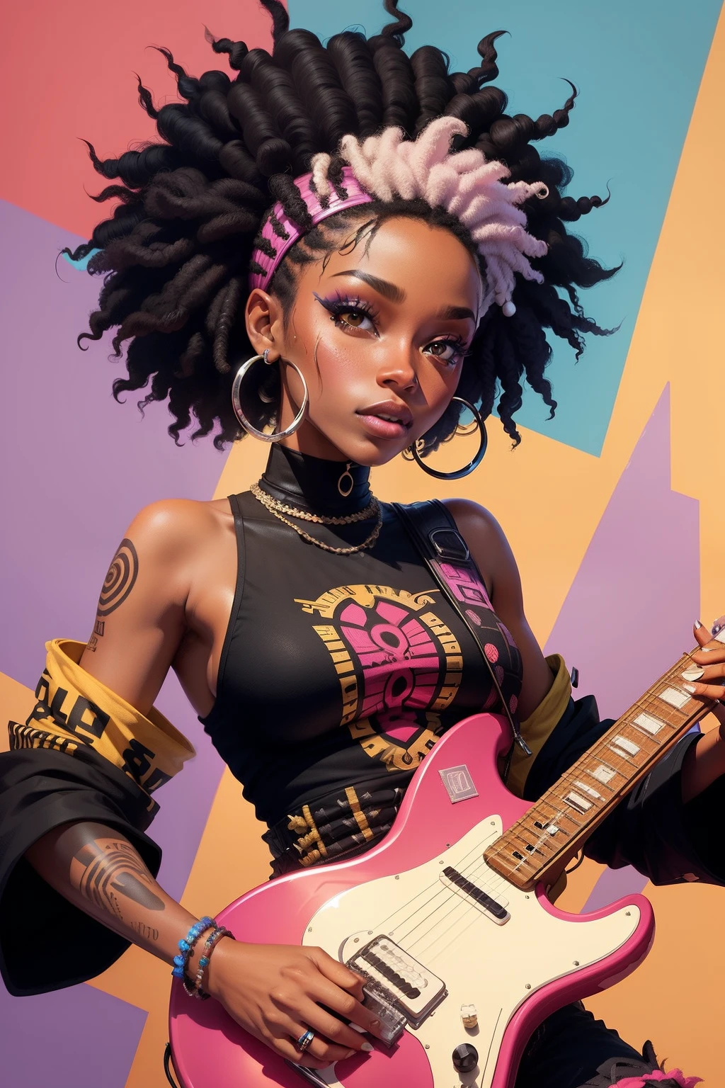 A stylized, vector-style illustration of a Black woman playing guitar, short deadlocks, her Afropunk-style clothing and accessories creating a unique, eye-catching look.