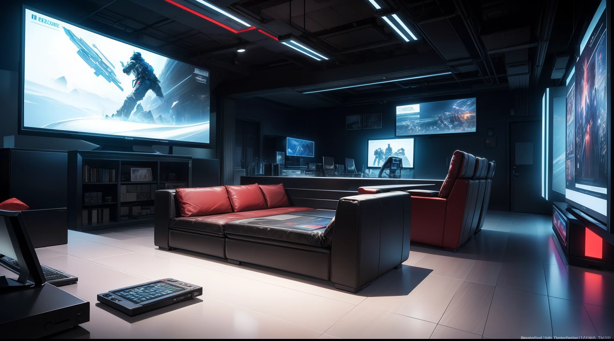 To design a distinctive and inspiring electronic game room that combines excitement and technological entertainment, I will use dark and saturated colors such as black and dark red to create an atmosphere of mystery and suspense, I will choose comfortable and modern furniture with unique designs that reflect the atmosphere. Technology, I will provide ample areas to sit and relax with comfortable chairs and amazing ambient sound systems, I will give you an amazing visual experience through, High-resolution displays and color lighting technologies, I will provide advanced gaming equipment and convenient control systems. To enhance the gaming experience, I will also provide space for organized storage of devices and accessories, I will add touches of distinctive décor, Like game-inspired paintings, Famous personalities, and attractive stickers to add a touch of personality and excitement to the space, extremely realistic, 8k, Light and cool lighting, realistic photo, Cel shaded, Gel lighting, ultra-detail