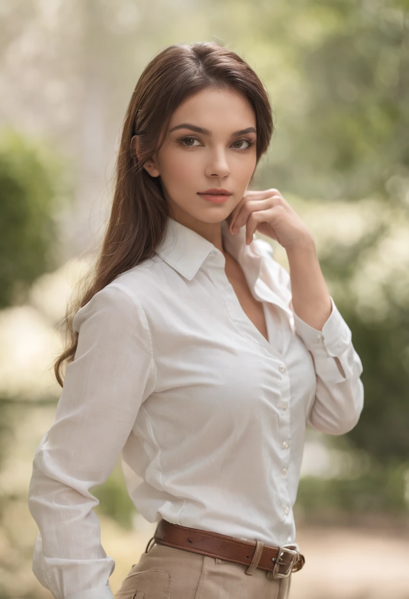 A close up of a woman in a white shirt and tan pants - SeaArt AI