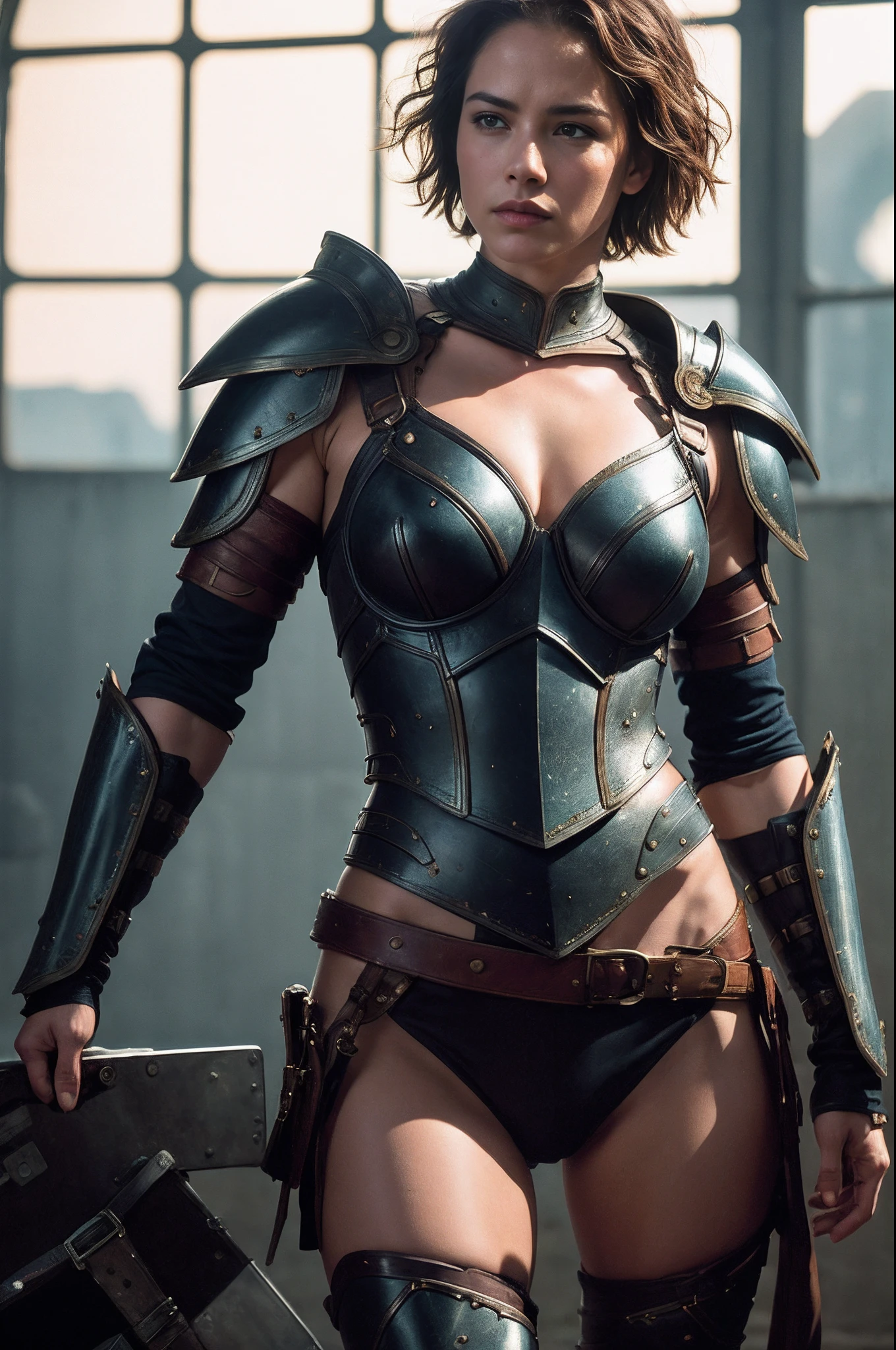 Masterpiece, a beautiful female warrior, (Alyssa Sutherland:Janeane Garofalo:0.5), high detail leather armor, (small breasts), strong muscular body, short filthy hair, undercut, legs, (high fantasy battlefield environment), HD, (skin texture:1.1), best quality, ultra high res, (photorealistic: 1.4), Raw photo, by Ellen von Unwerth, Nikon D850 Film Stock Photography, F1.6 Lens, Rich Colors, Realistic, Cinestill 800, backlight, rimlighting, studiolighting, sunlight, close-up