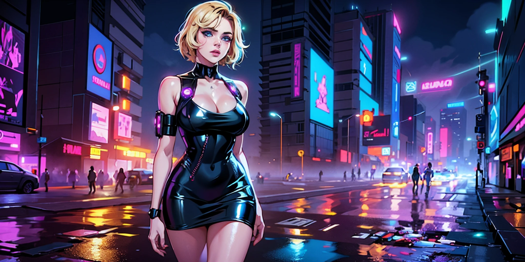 Kiernan Shipka with short blonde hair in a short dress and black latex neckline standing on a wet street, seios grandes, cintura fina, coxas grossas, em cyberpunk city, em uma cidade cyberpunk, no estilo cyberpunk, Foto cyberpunk, Cyberpunk shiny latex short dress, cyberpunk em uma cidade cyberpunk, Cyberpunk feminino loira, in a cyberpunk setting, em uma cidade cyberpunk, em uma cidade cyberpunk, Cyberpunk, Garota cyberpunk, em uma Cidade Cyberpunk Futurista