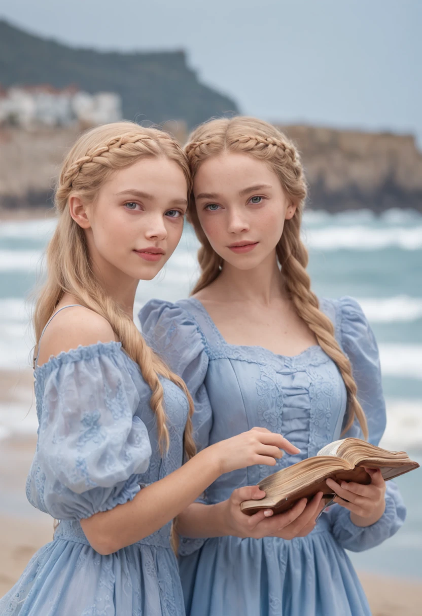 Por favor, Create an image that depicts a magical scene in a small seaside town. About the price, There are two inseparable friends, Sofia e Marlene;. Sofia is a smart girl with blonde braids and wears a gorgeous blue dress that stands out in the sea breeze. She's smiling with an expression of joy as she lovingly holds an old map in her hands. Marlen tem um cabelo azul, wears glasses, She is a determined and curious girl. She's by Sophie's side, olhando atentamente para o mapa. The two girls are on the beach, with their feet sunk in the golden sand and the blue sea glowing softly in the background. The sun is setting on the horizon, Painting the sky with shades of orange and pink, creating a calm and magical atmosphere that envelops the entire scenery