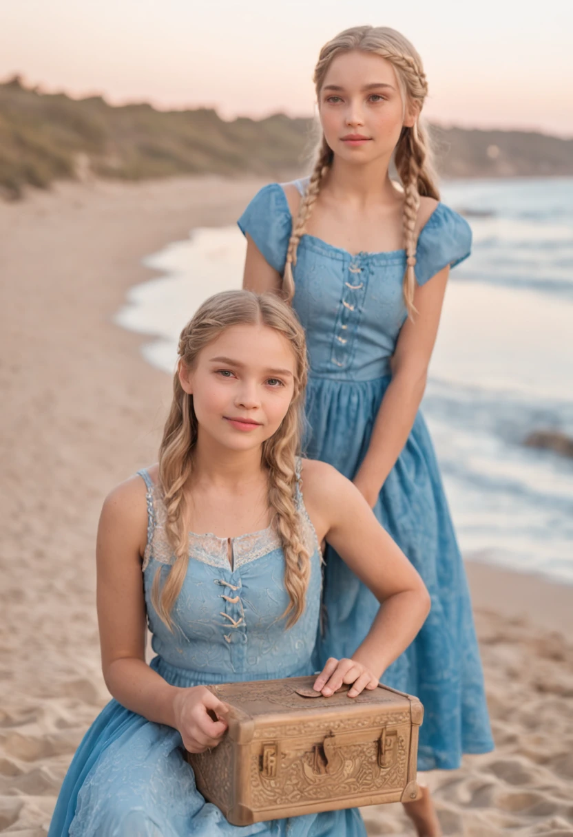 Por favor, Create an image that depicts a magical scene in a small seaside town. About the price, There are two inseparable friends, Sofia e Marlene;. Sofia is a smart girl with blonde braids and wears a gorgeous blue dress that stands out in the sea breeze. She's smiling with an expression of joy as she lovingly holds an old map in her hands. Marlen tem um cabelo azul, wears glasses, She is a determined and curious girl. She's by Sophie's side, olhando atentamente para o mapa. The two girls are on the beach, with their feet sunk in the golden sand and the blue sea glowing softly in the background. The sun is setting on the horizon, Painting the sky with shades of orange and pink, creating a calm and magical atmosphere that envelops the entire scenery
