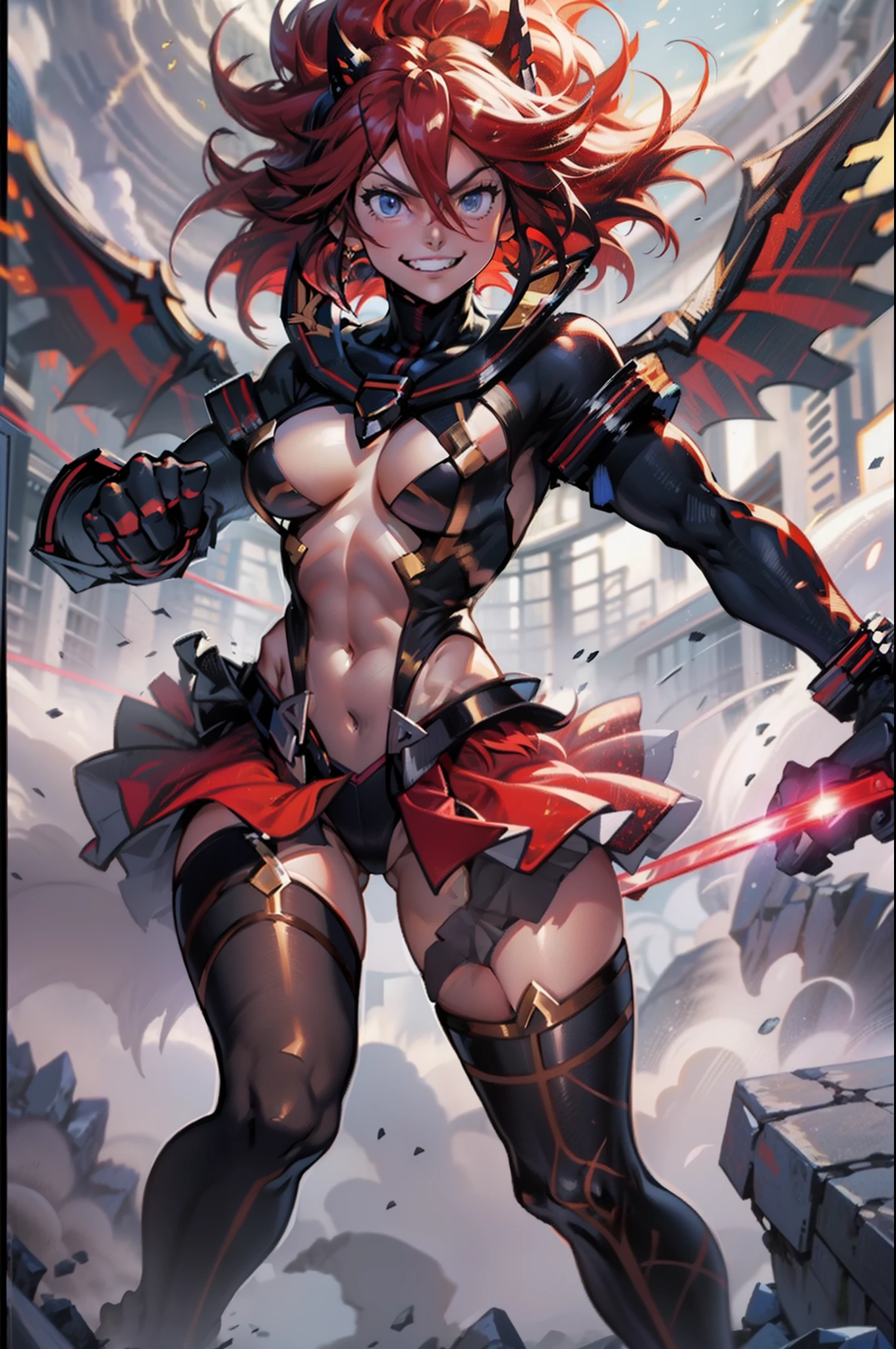 Anime, ryoko matoi,flying through the sky with black angel wings, golden leotard armor, In Battle, Chaos, shooting laser beams from hands, masterpiece ,pantyhose, boots,magicagirl body suit, large skirt, smile, long skirt,standing,smile forest,smile, red hair