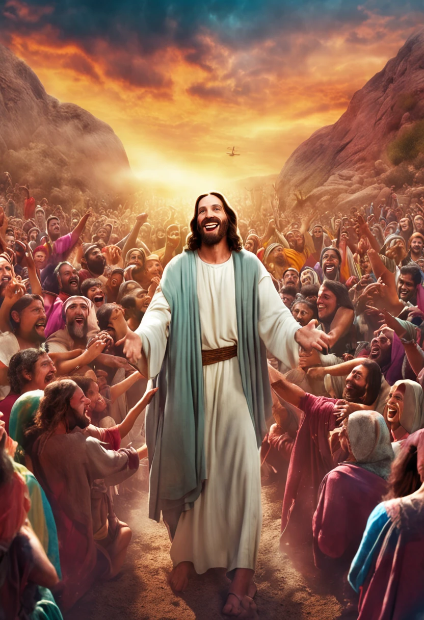 JESUS CHRIST HAPPY AND SMILING WITH CROWDS OF PEOPLE AROUND HIM