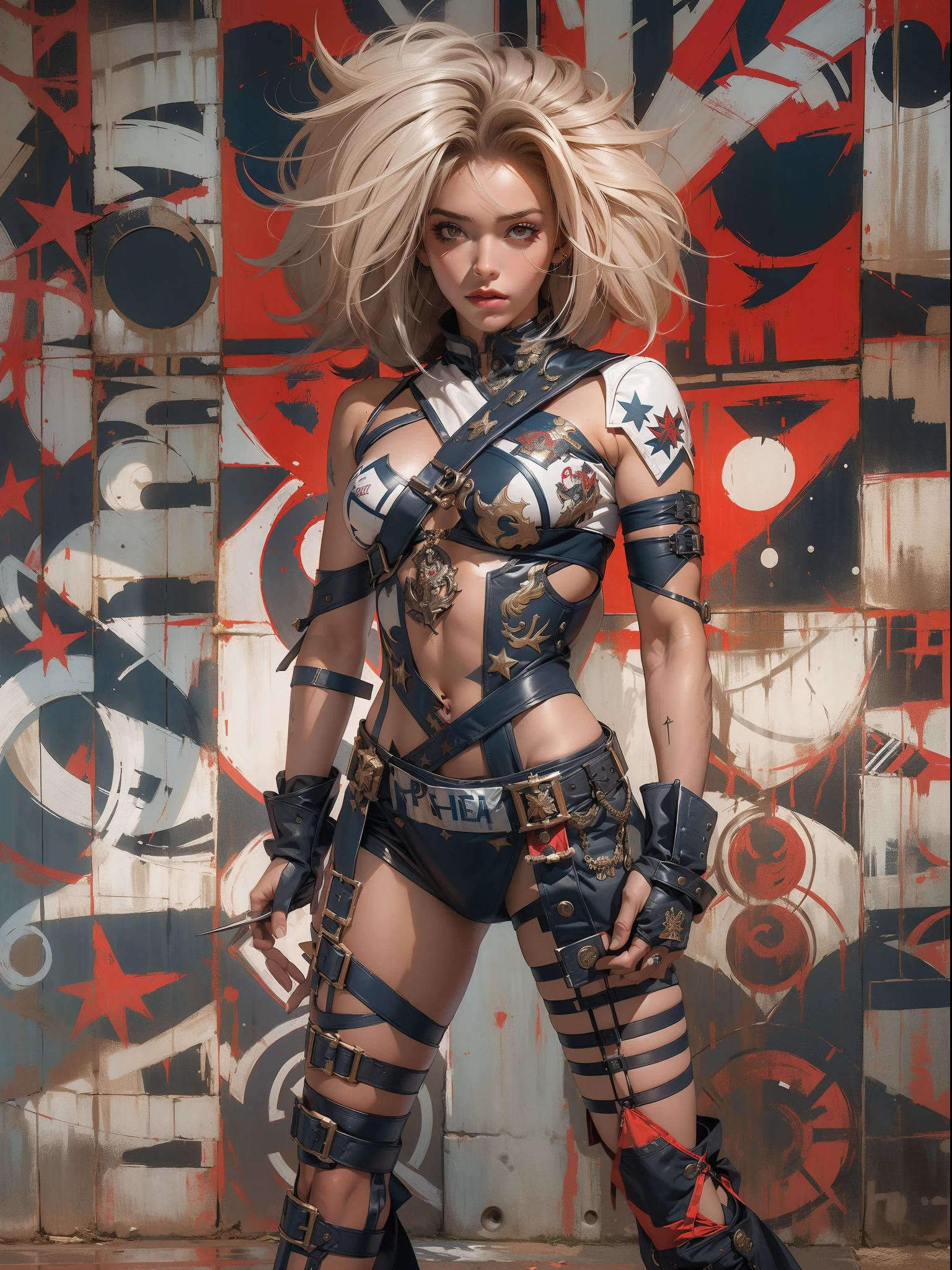 (((mulher))), (((melhor qualidade))), (((obra prima))), (((adulto))), (((1girl))), ((( corte de cabelo bob ))), Uma gladiadora cyberpunk mulher de 25 anos com corpo perfeito, shoulder pads with metal spines, Gladiadores do Brooklyn, (( corte de cabelo bob )), tiny leather panties, camiseta de time de rugby rasgada, quase nua no estilo selvagem urbano de Simon Bisley para a capa da revista Heavy Metal, Cabelo loiro curto, Minimum clothing, Metal protection on the left arm with intricate graphics, Dark red with white stars and white and navy blue checkerboard pattern, armadura, cheio de pontas e rebites, (((do joelho pra cima))), cabelos loiro branco curto, no fundo uma parede pintada por Shepard Fairey com um design intrincado