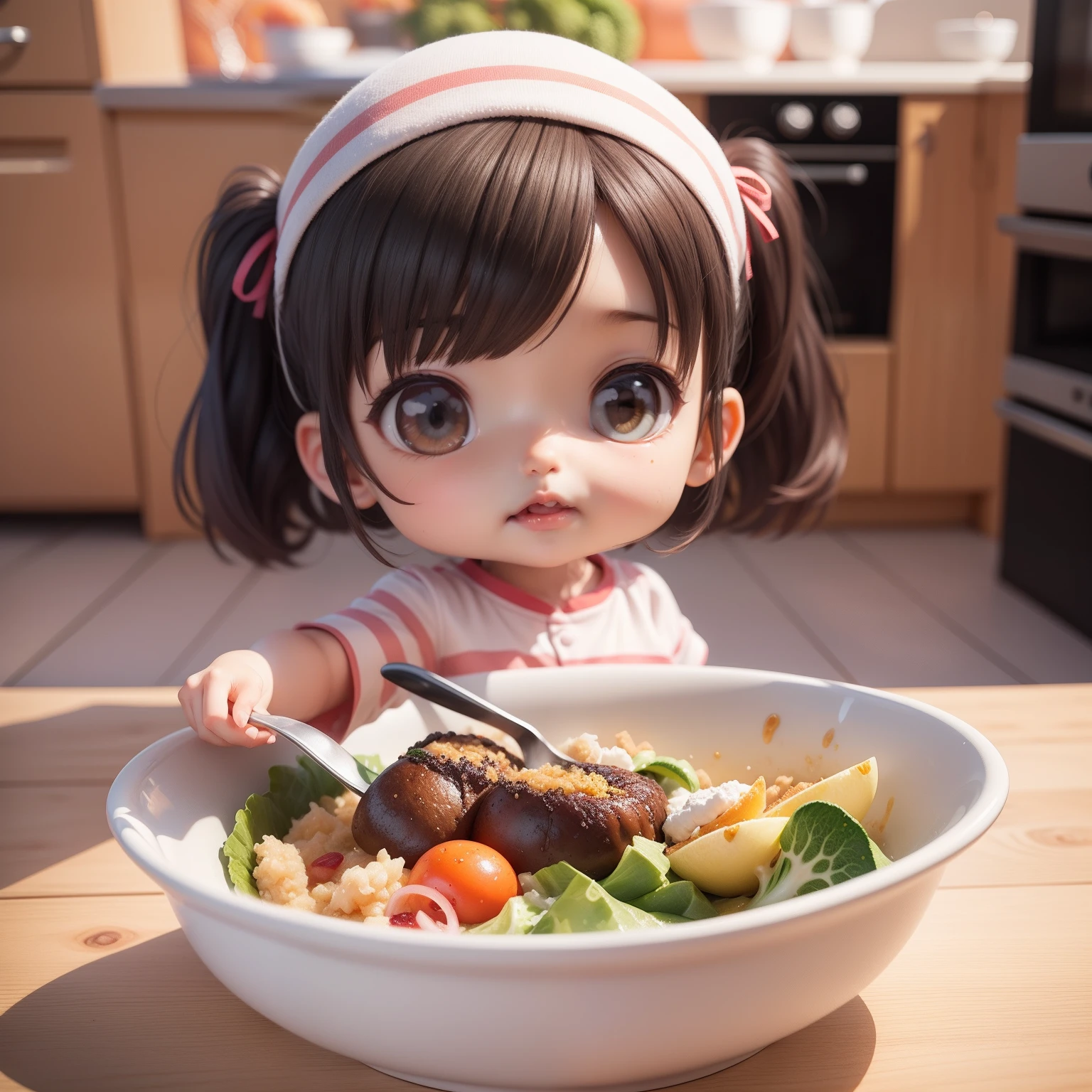 Cute  Chibi Anime、(((chibi 3d))) (Best Quality), (masutepiece)、スプーン🥄を持って、お皿に乗ったカレーライス🍛を食べる、a glass of water、Bowl of vegetable salad、Chibi Kitchen、Dark hair、mouthwatering