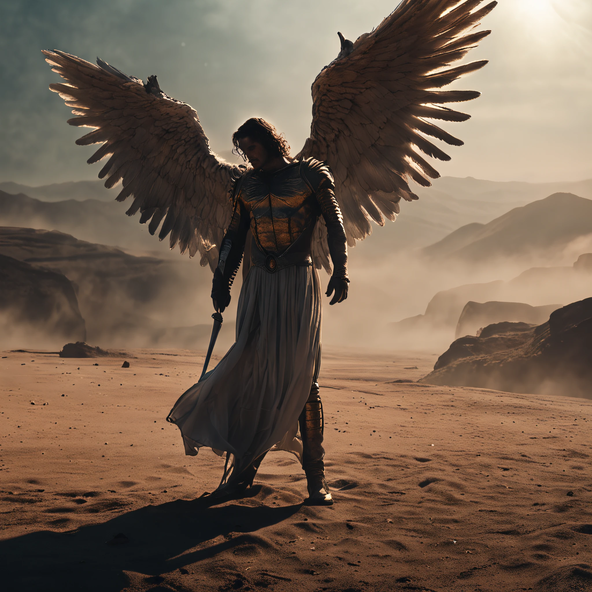 an image of a man with a sword standing in a desert, Anjo no inferno, arcanjo, angels vs demons, angel watching demon, angels and demons, anjo protegendo o homem, Arcanjo Miguel, O Anjo da Morte, Battle between angels and demons, anjo super largo, epic angel wings, angels protecting a praying man, necessidade humana anjo da morte
