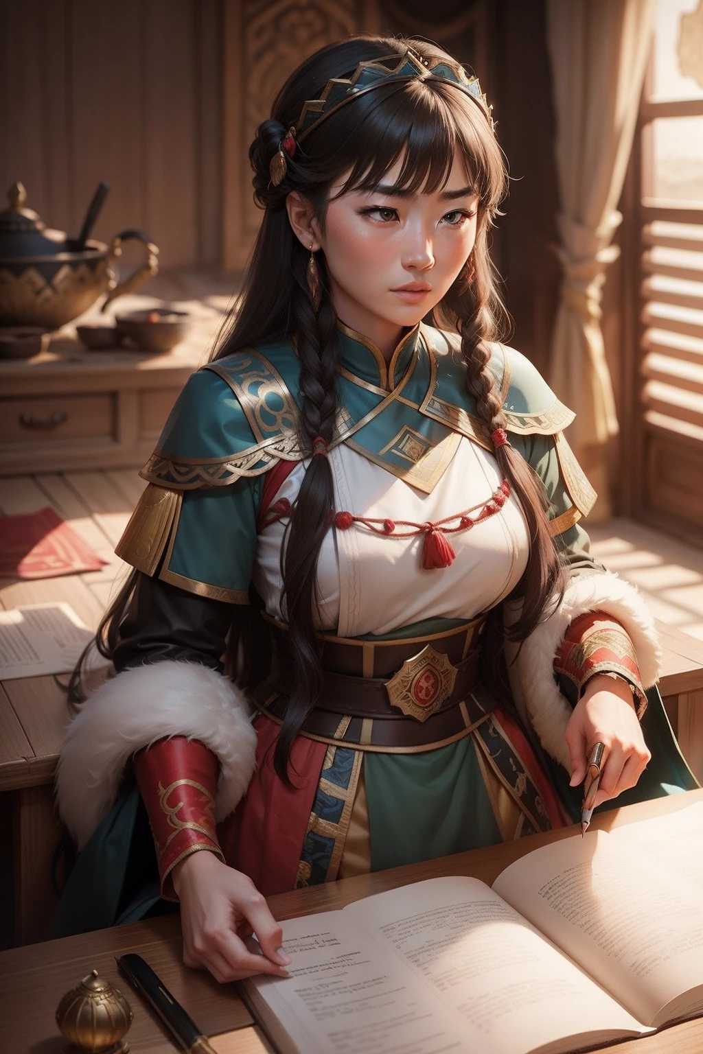 Draw a scene in which one of Genghis Khan's daughters is leading the affairs of her husband's kingdom while he is away in a battle.