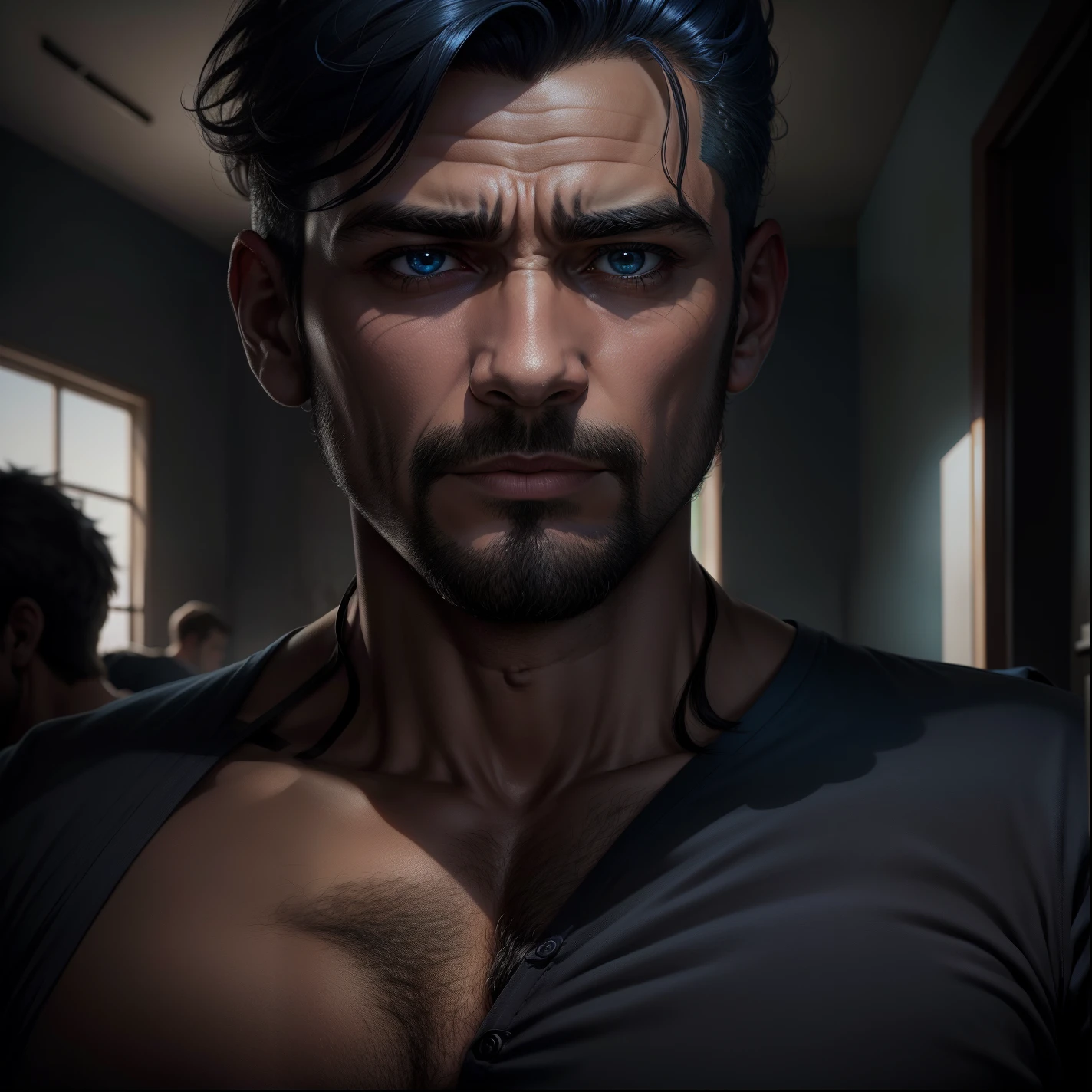 obra-prima, realista, 8k, (1homem:1.3), camisa azul, (cabelo preto:1.3) , cabelo curto,), masculine,