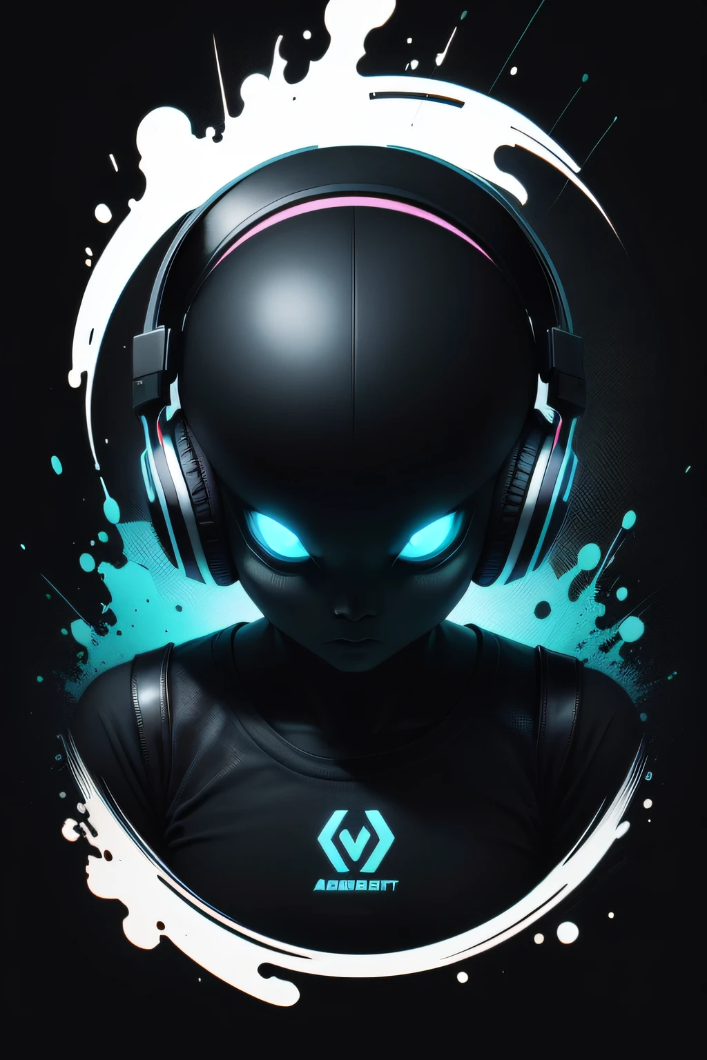 ready to print tshirt , alien using Sennheiser dj HD 820 headphone , black background, volumetric lighting, vector style, kind a rounded logo , artistic rounded multi liquid gel colors, splash effect